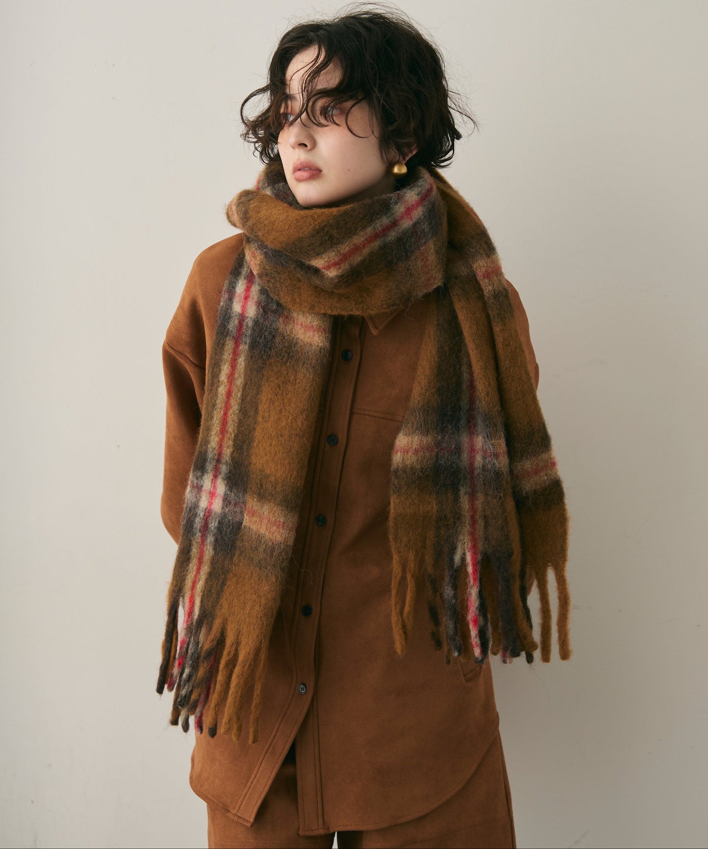 ウール混シャギーチェックマフラー