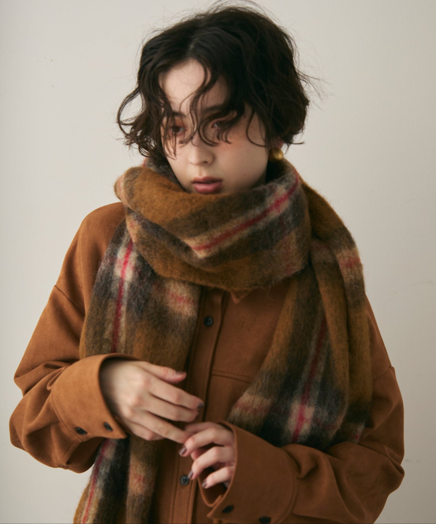 ウール混シャギーチェックマフラー