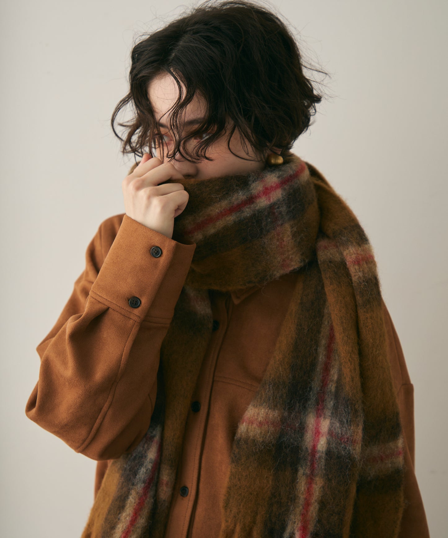 ウール混シャギーチェックマフラー