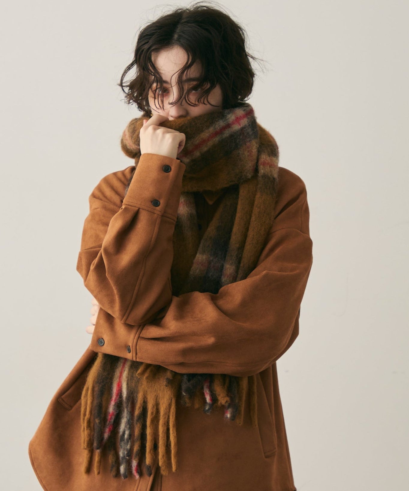 ウール混シャギーチェックマフラー