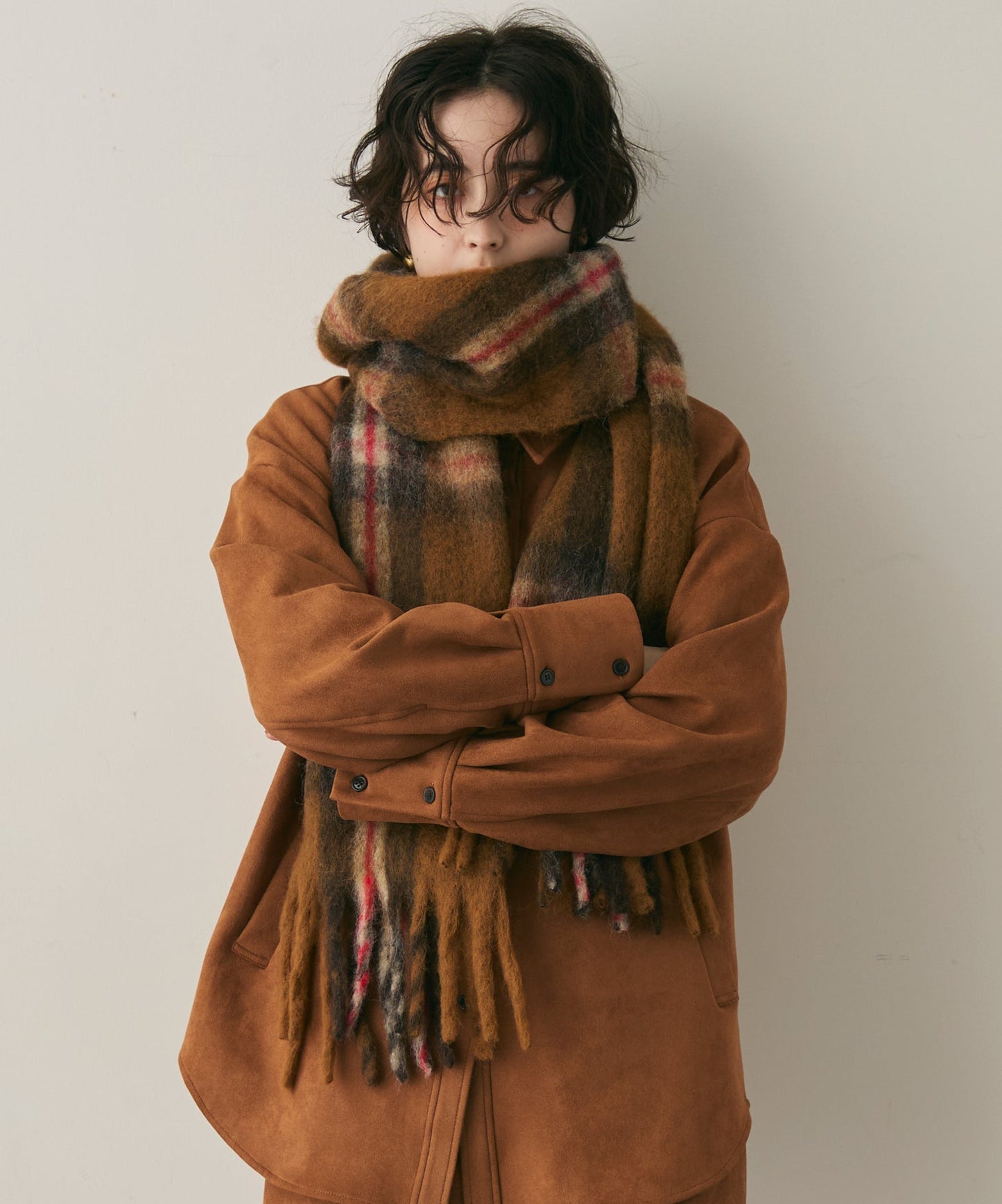 ウール混シャギーチェックマフラー