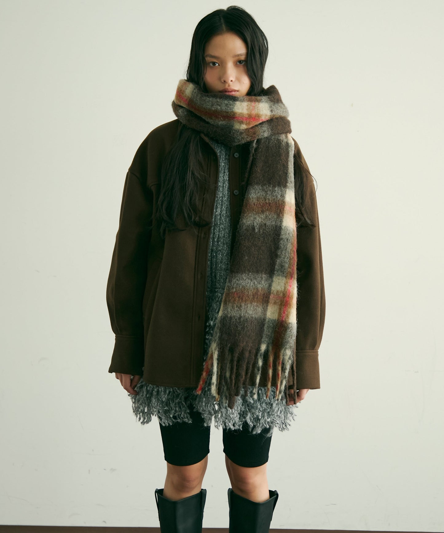 ウール混シャギーチェックマフラー