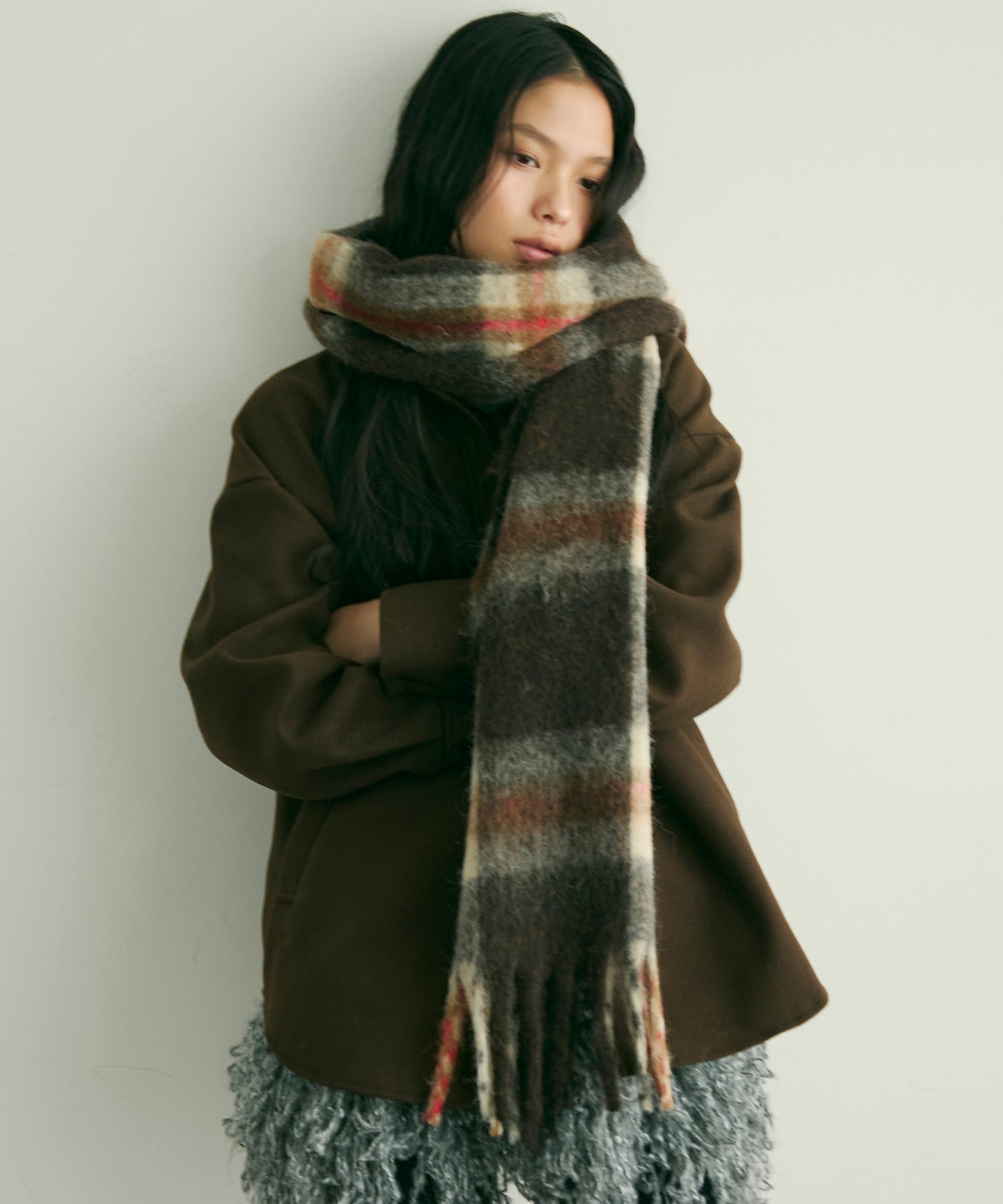 ウール混シャギーチェックマフラー