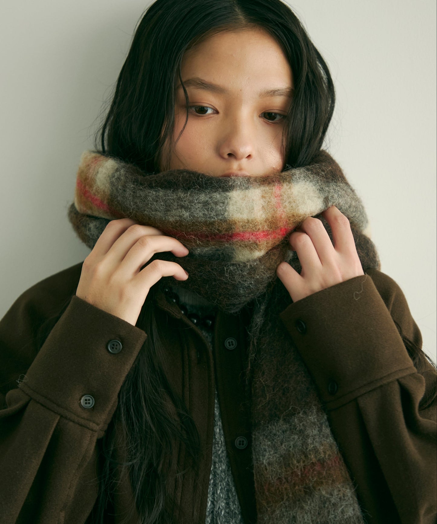 ウール混シャギーチェックマフラー