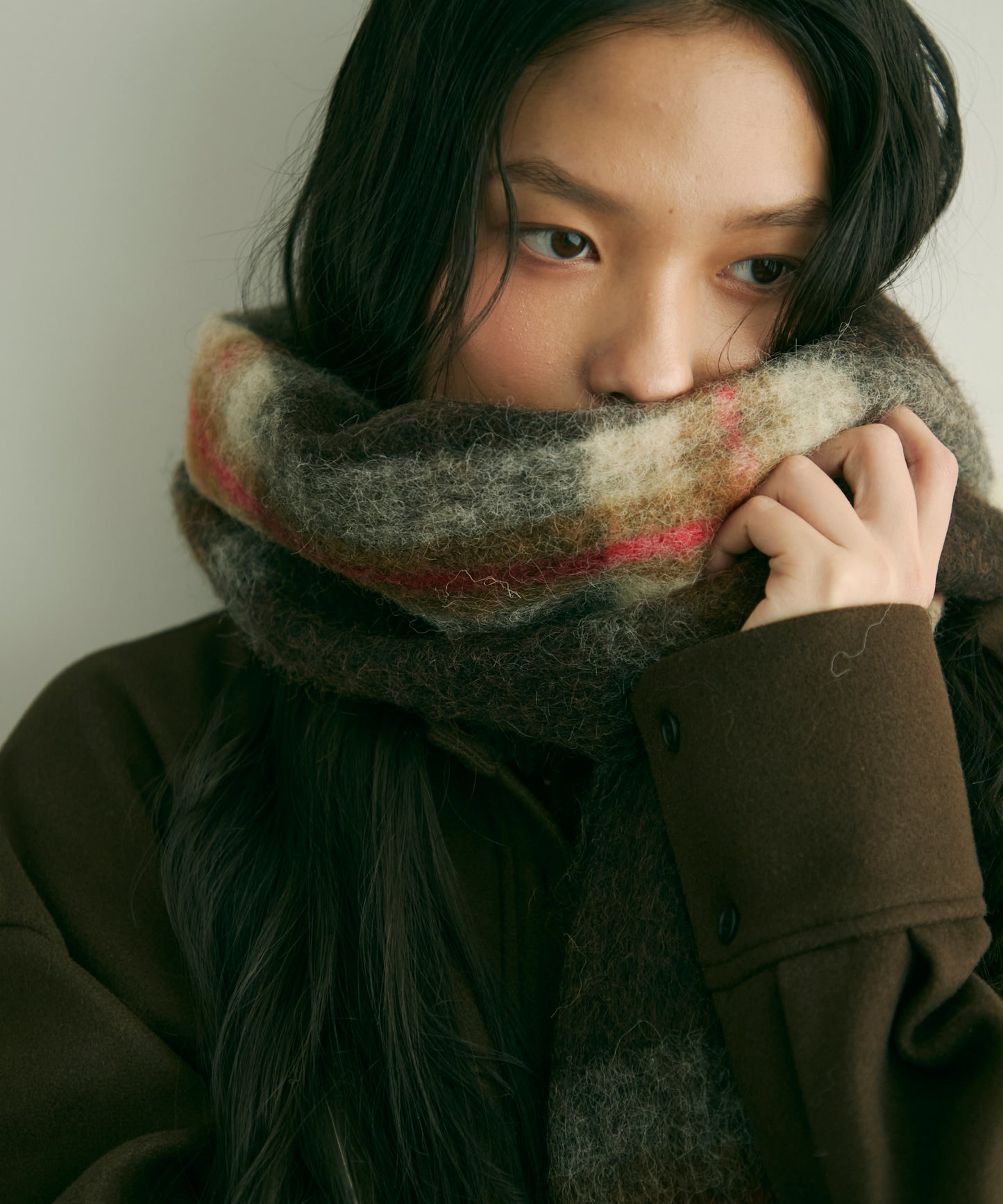 ウール混シャギーチェックマフラー