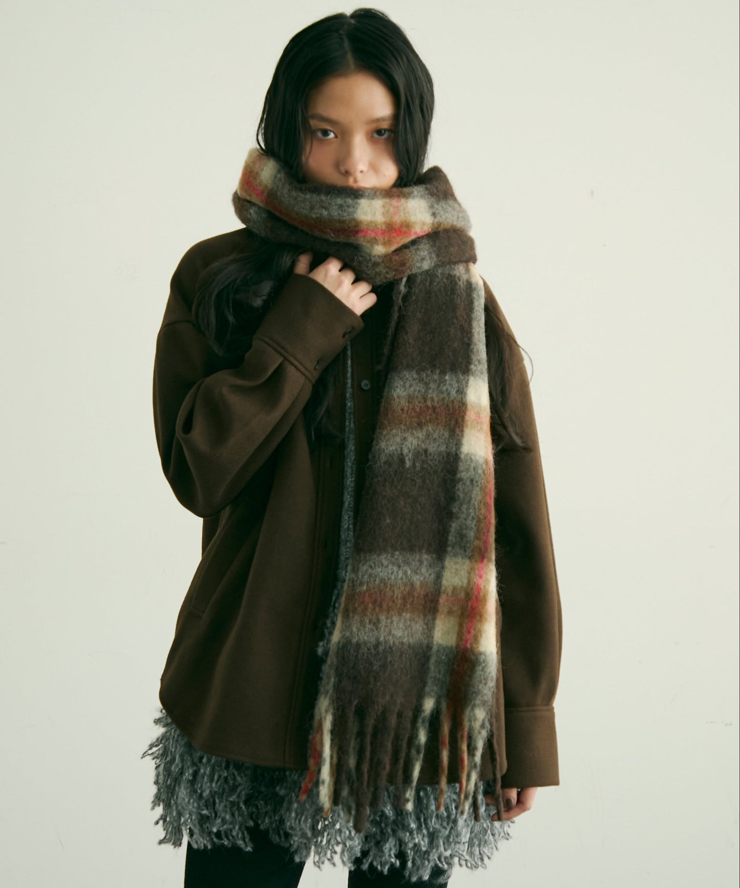 ウール混シャギーチェックマフラー