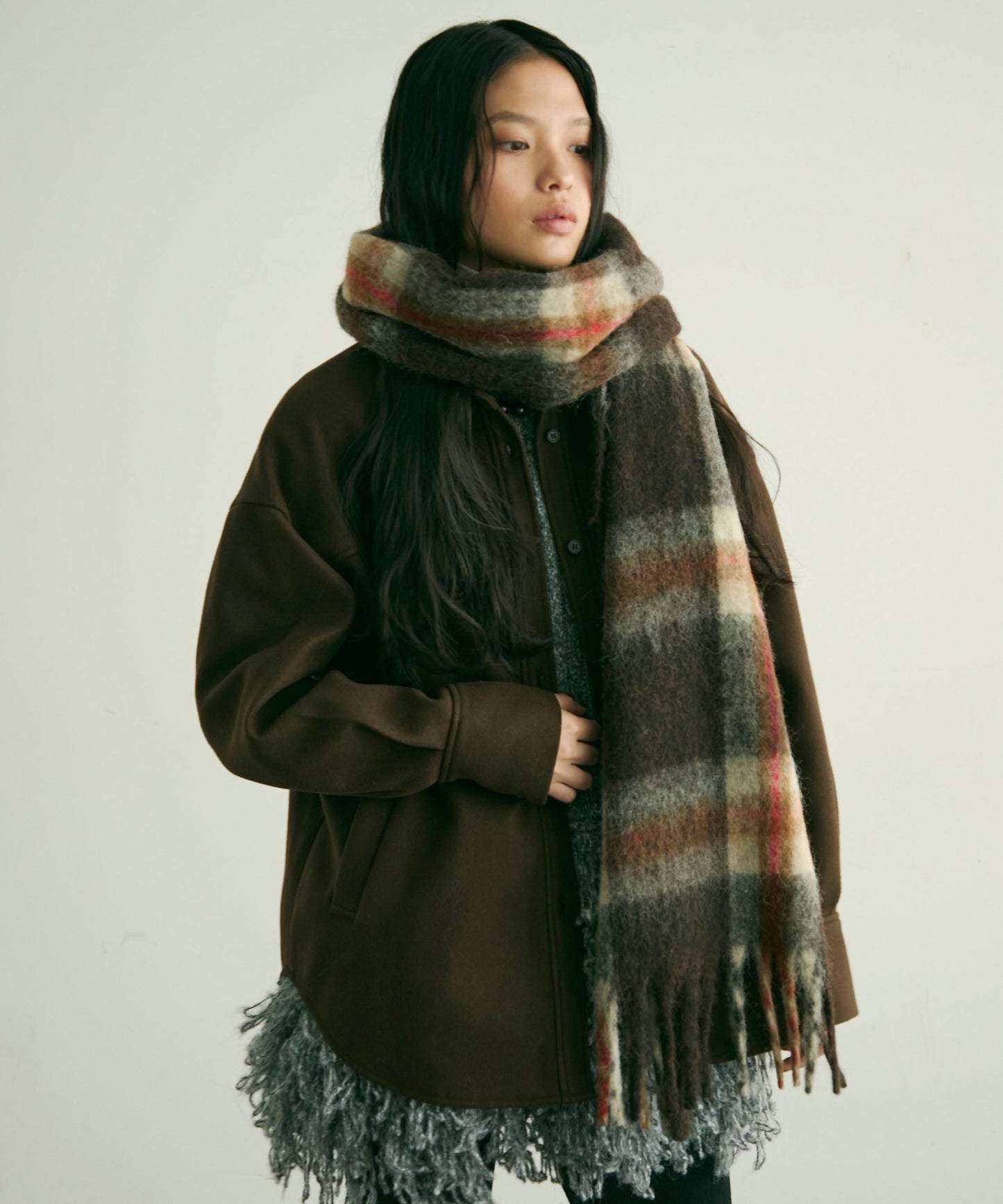 ウール混シャギーチェックマフラー