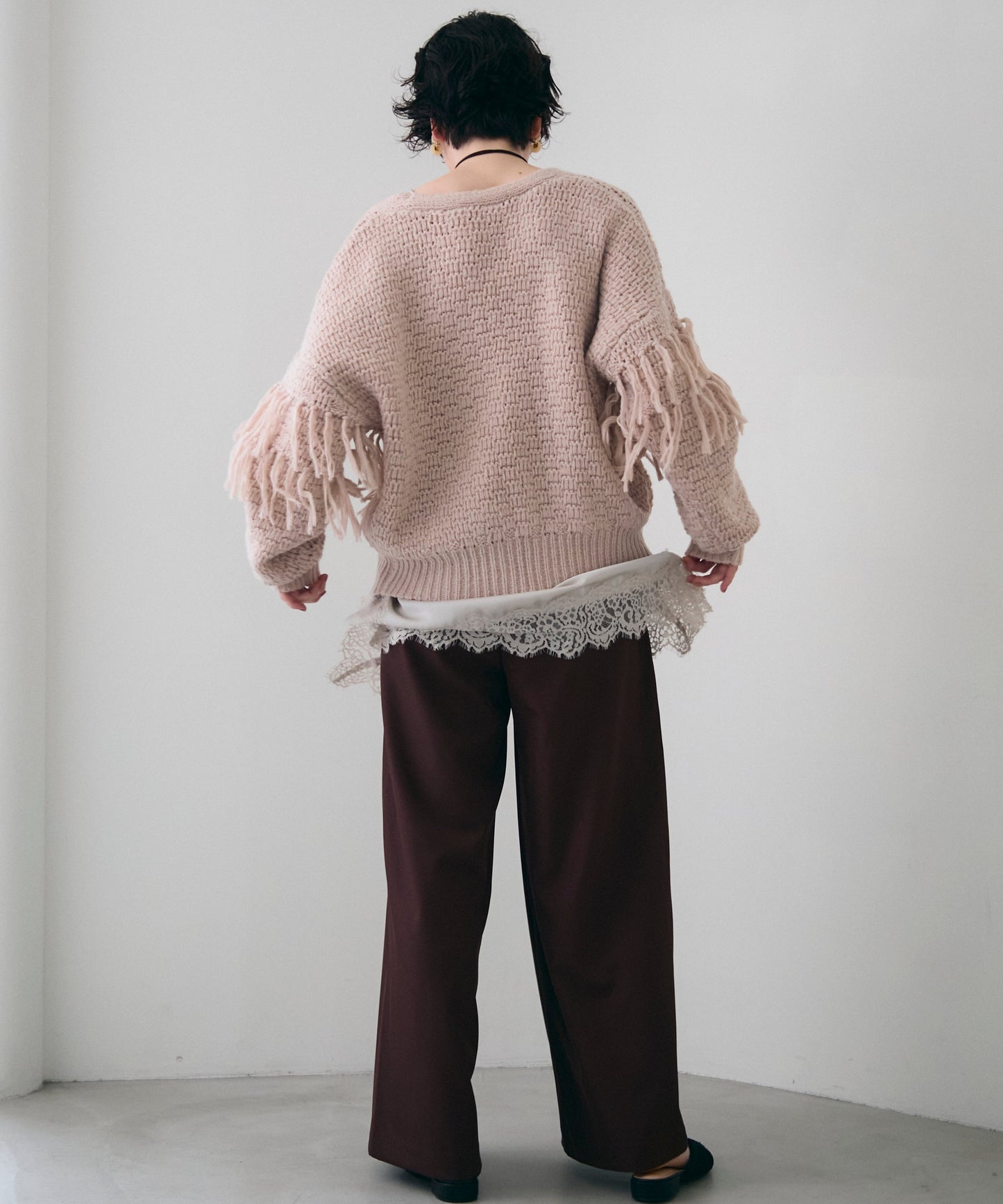 タック編み裏使いフリンジカーディガン