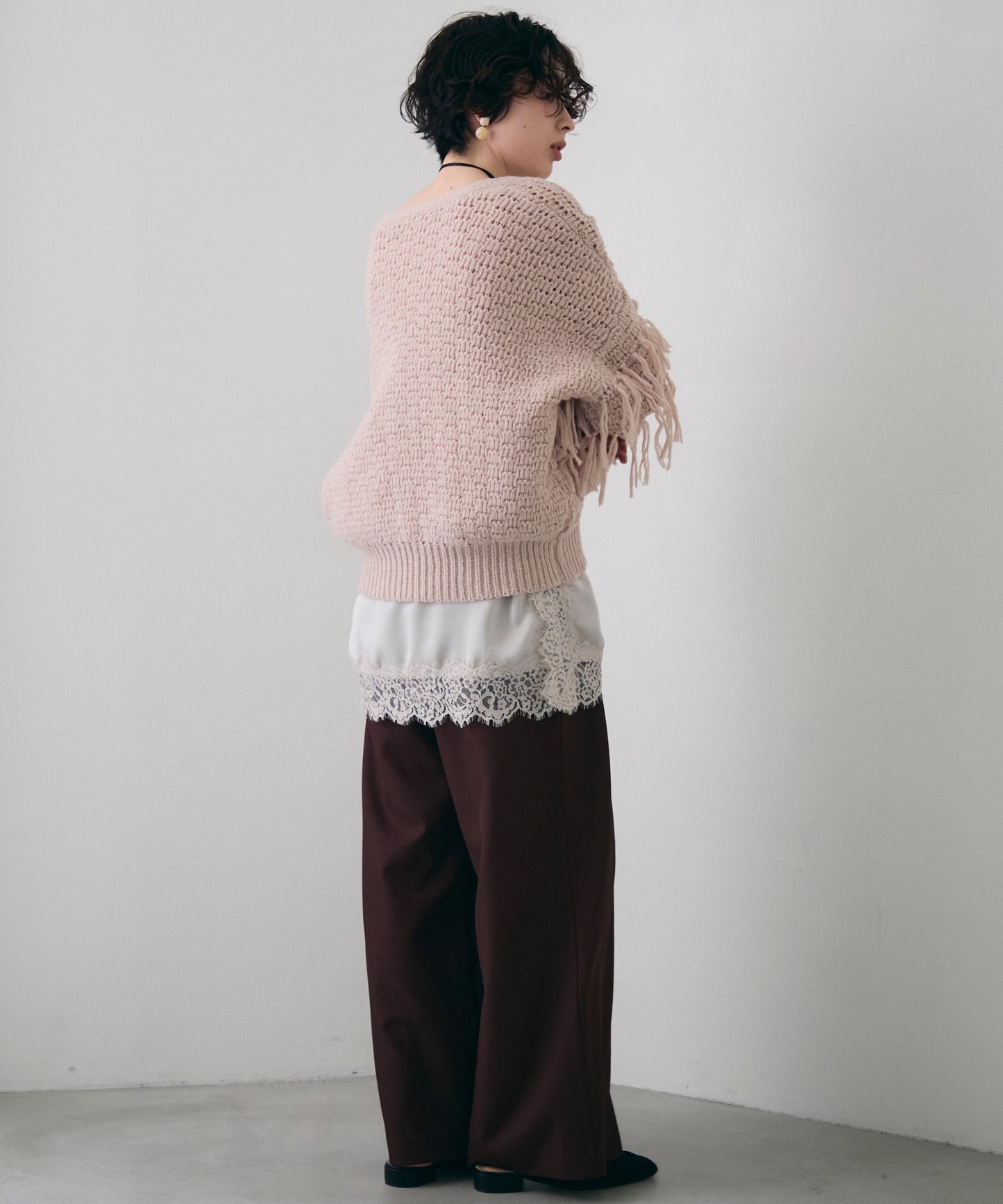 タック編み裏使いフリンジカーディガン