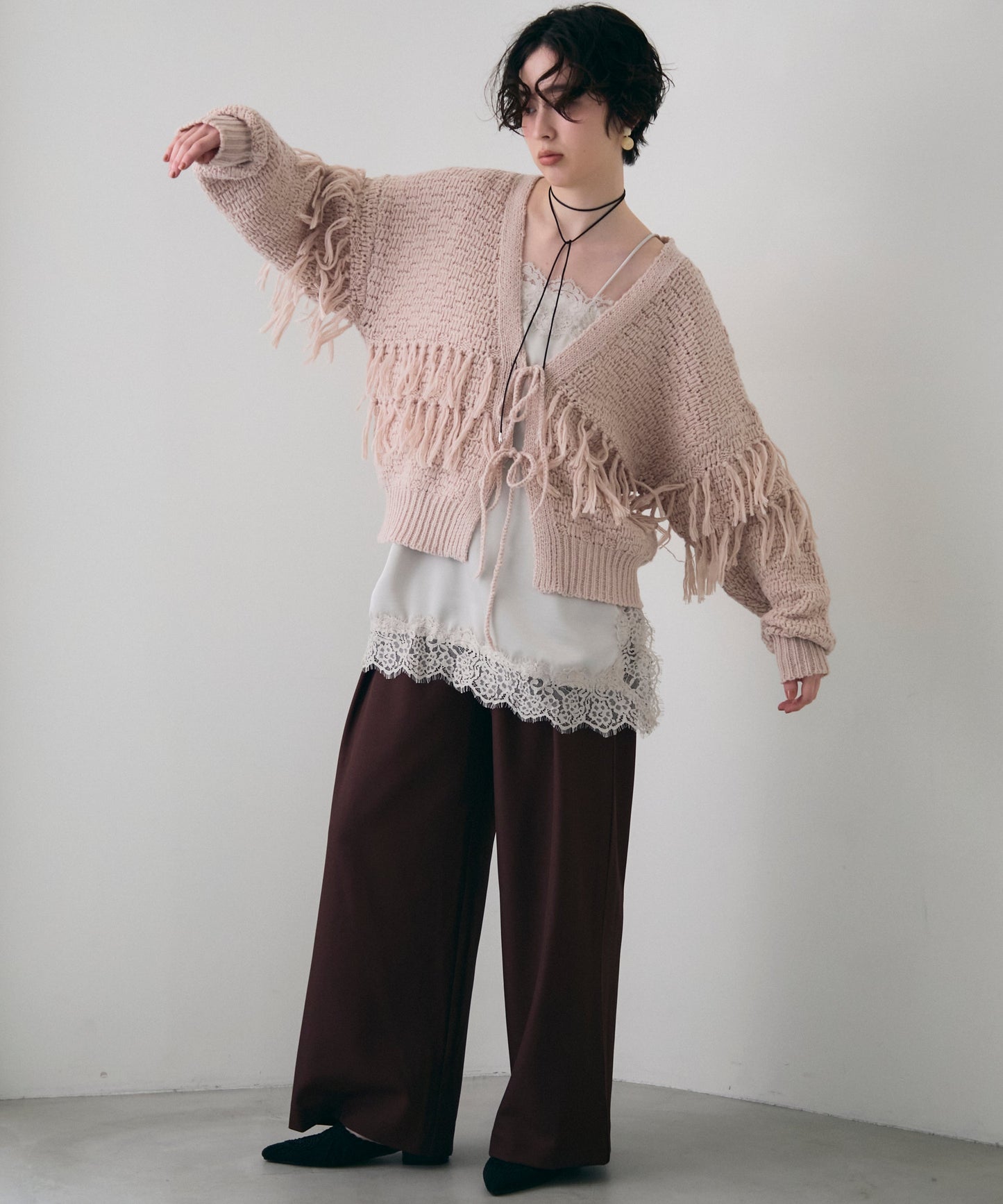 タック編み裏使いフリンジカーディガン