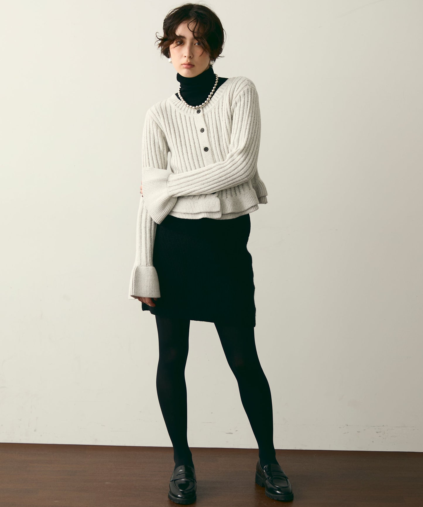 前後2WAYバルキーフリルヘムニットカーディガン