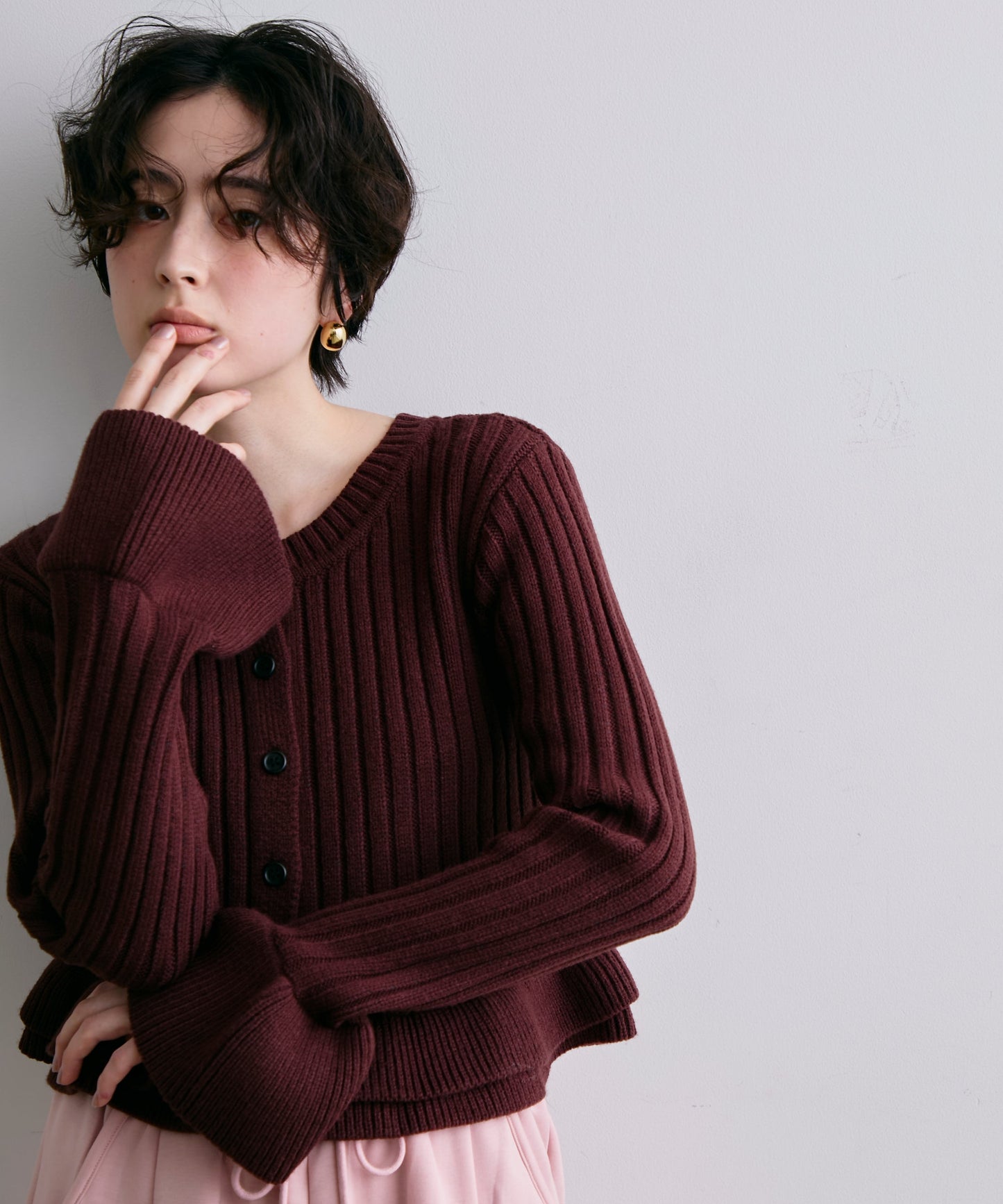 前後2WAYバルキーフリルヘムニットカーディガン