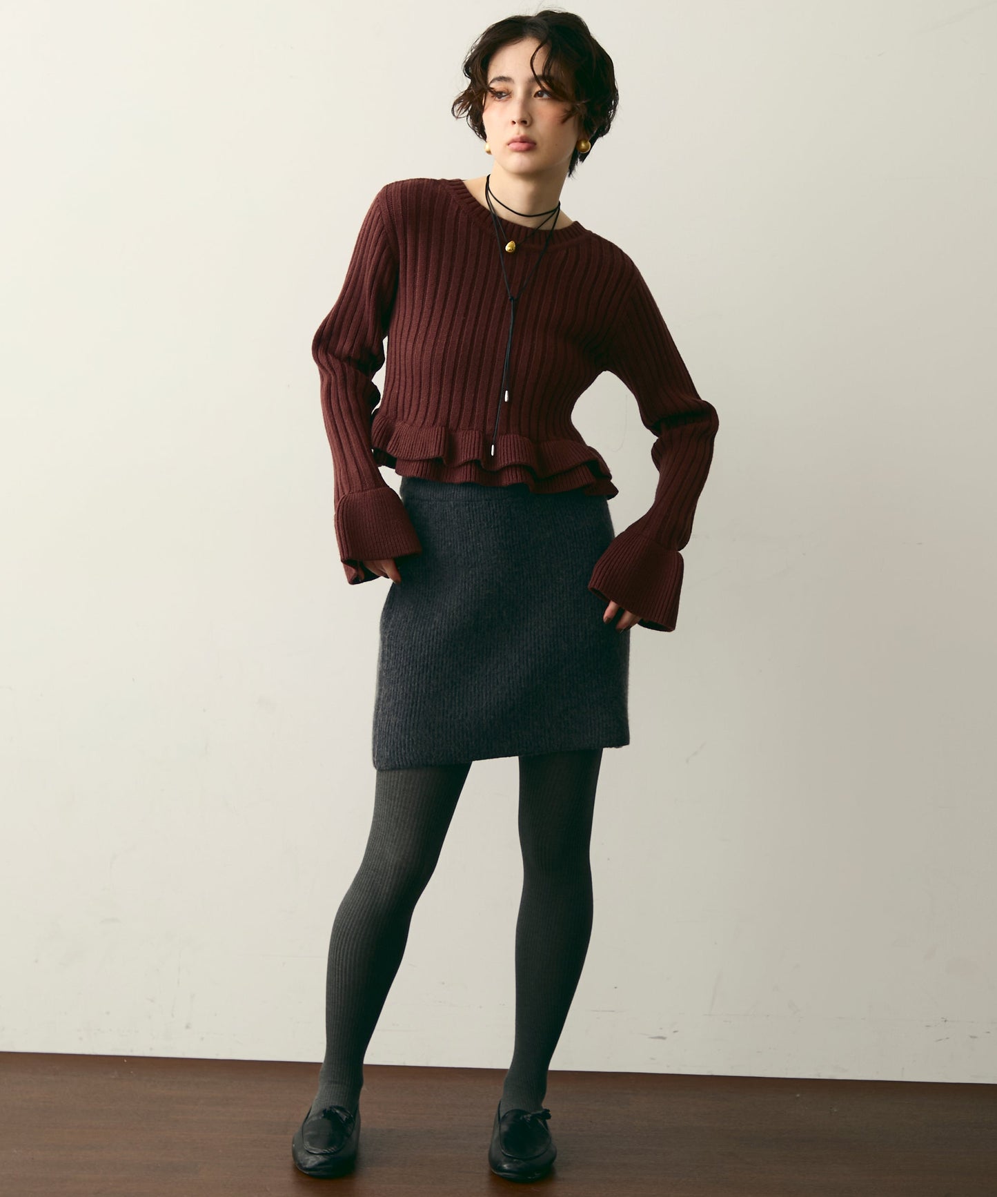 前後2WAYバルキーフリルヘムニットカーディガン