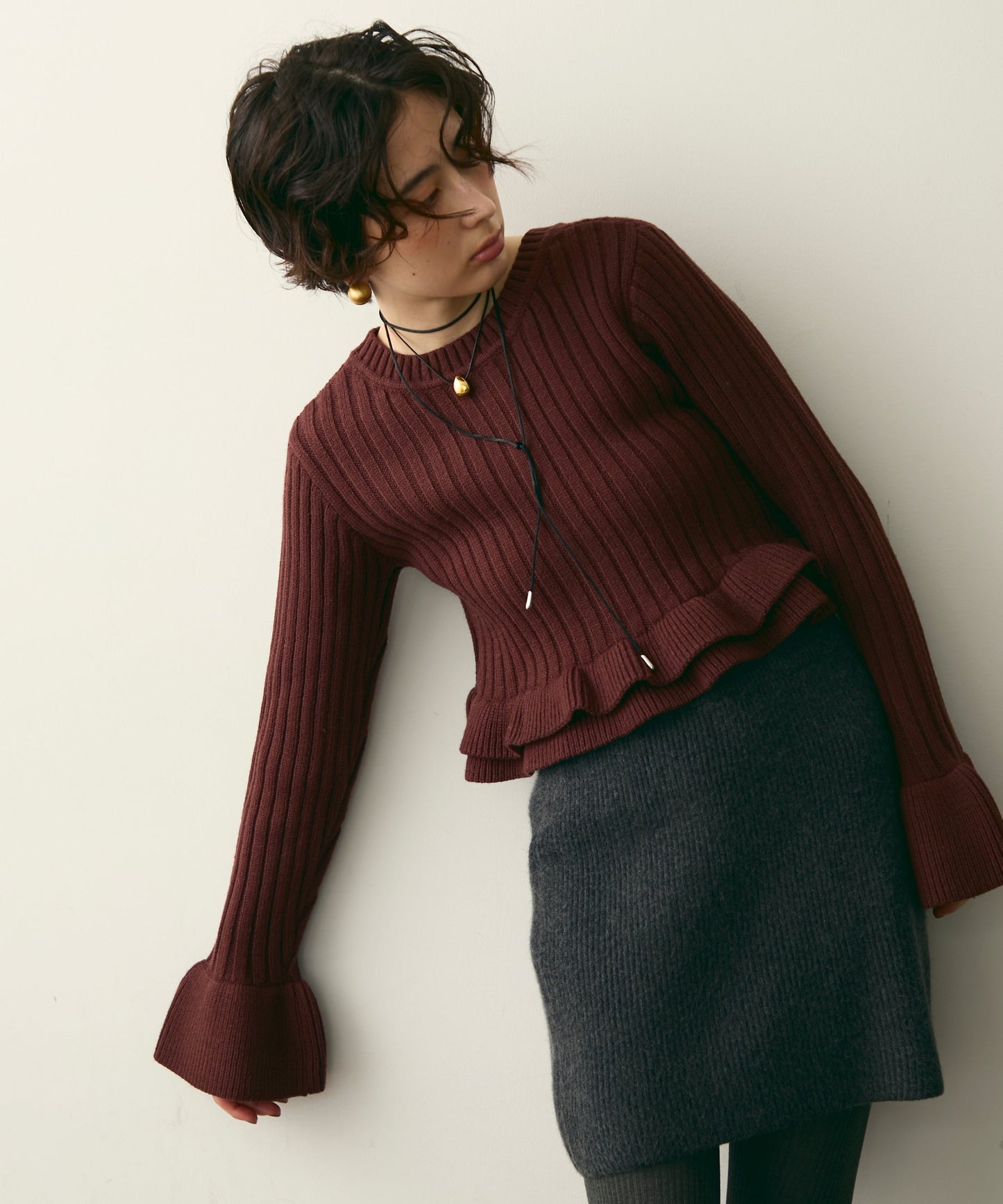 前後2WAYバルキーフリルヘムニットカーディガン