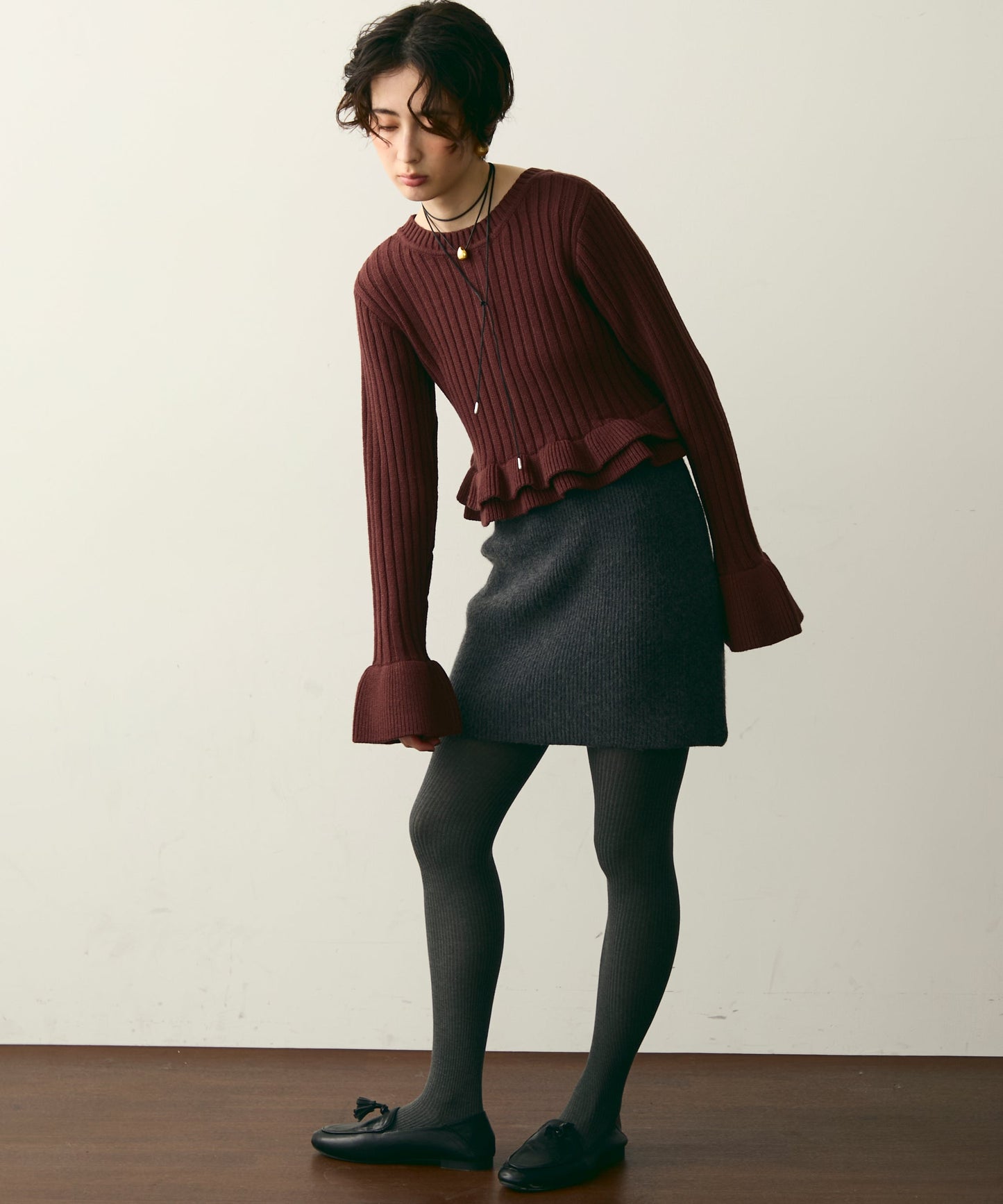 前後2WAYバルキーフリルヘムニットカーディガン