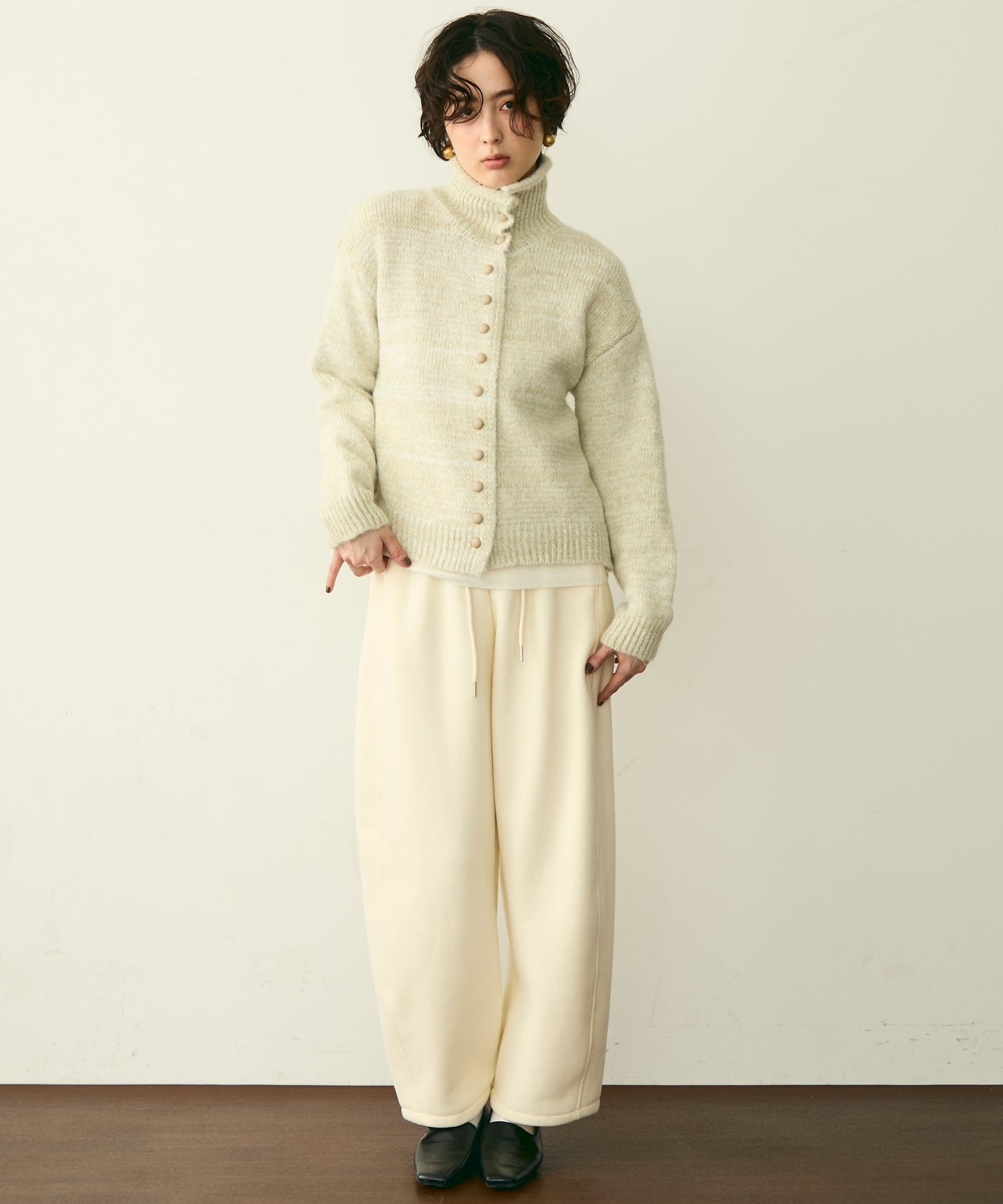 ハイネックメランジ多釦ニットカーディガン