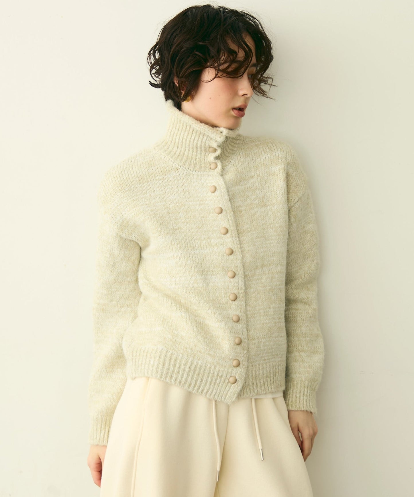 ハイネックメランジ多釦ニットカーディガン