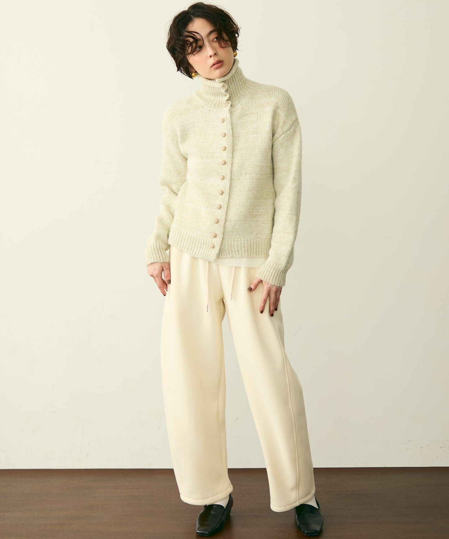 ハイネックメランジ多釦ニットカーディガン