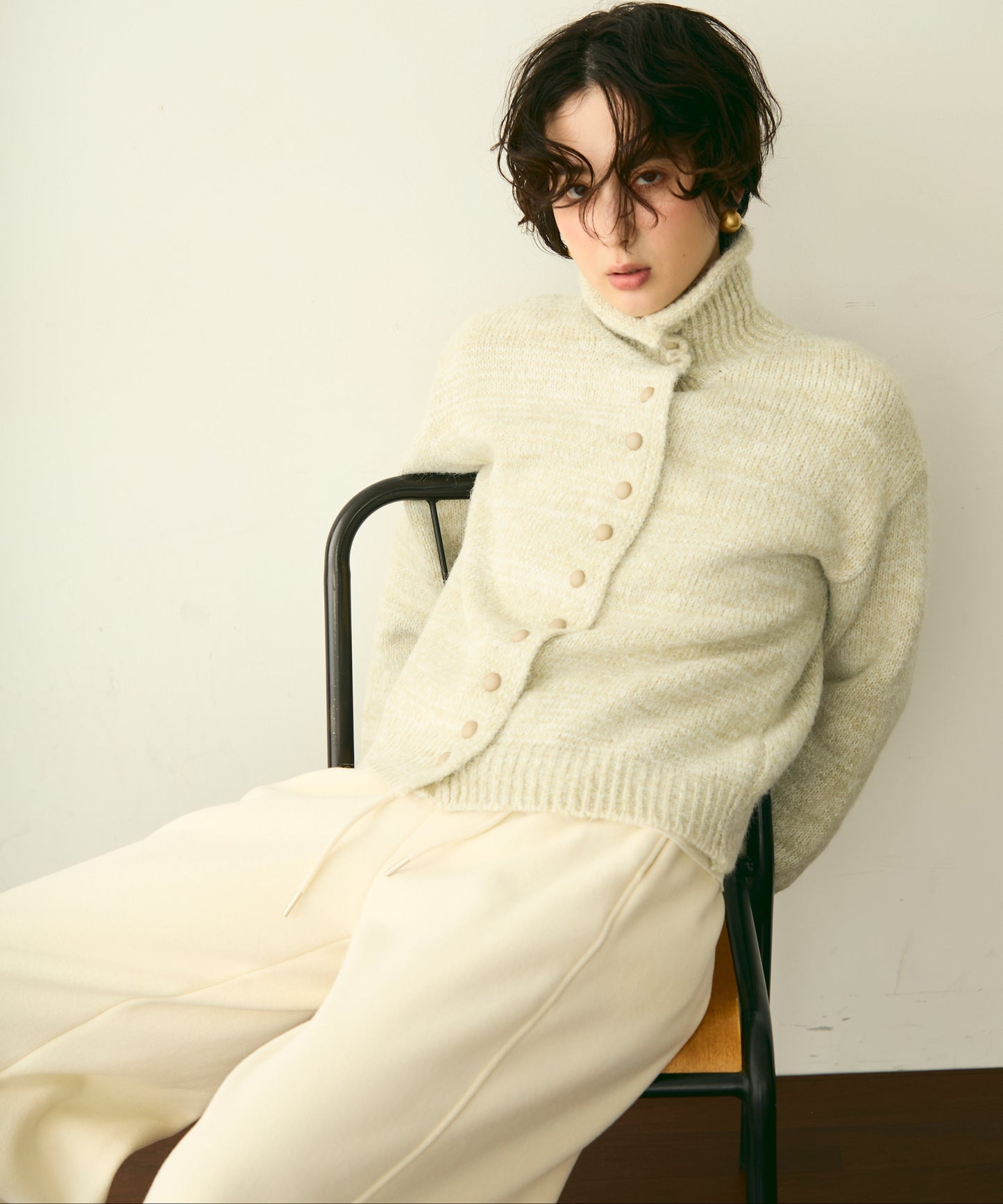 ハイネックメランジ多釦ニットカーディガン