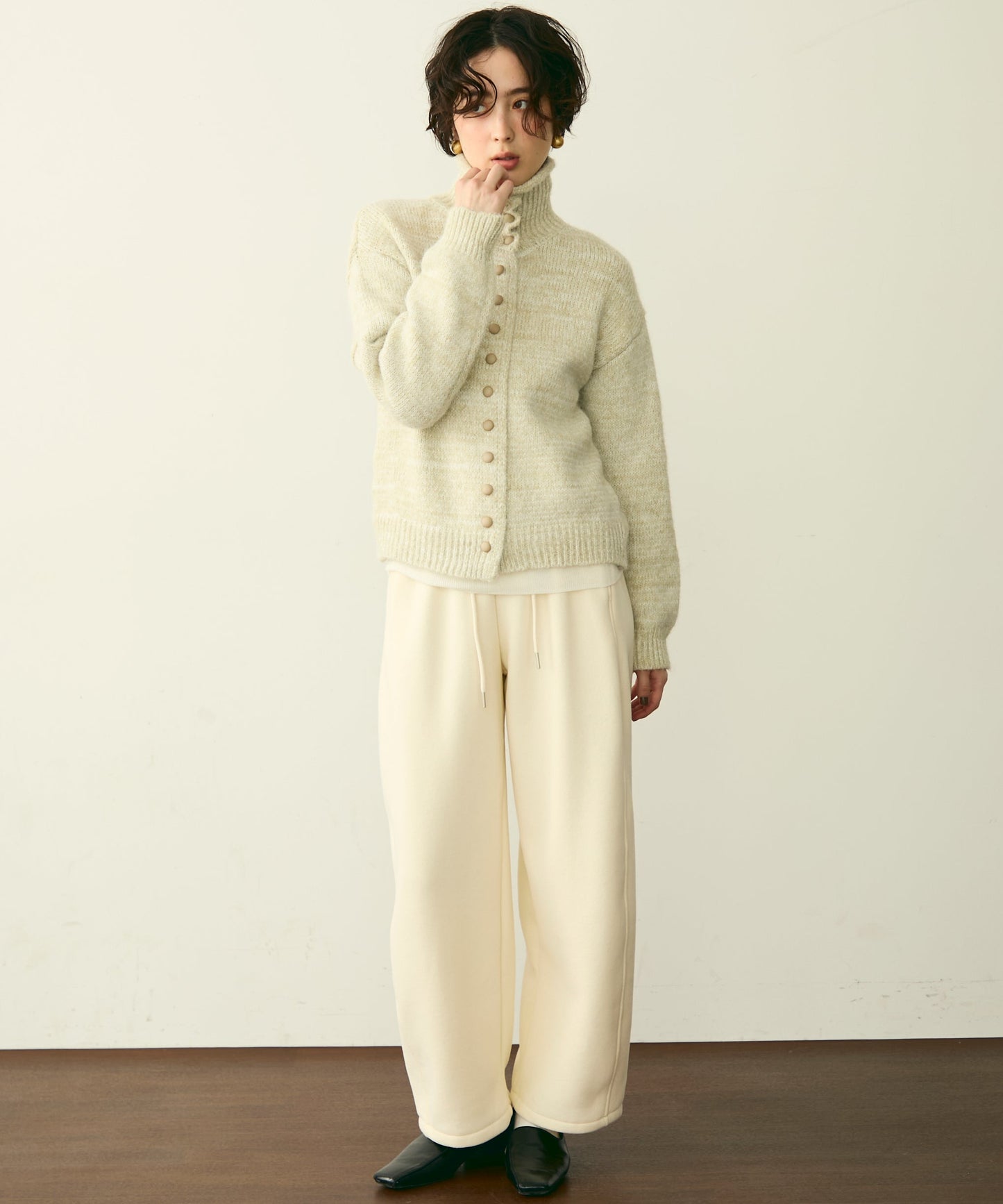 ハイネックメランジ多釦ニットカーディガン