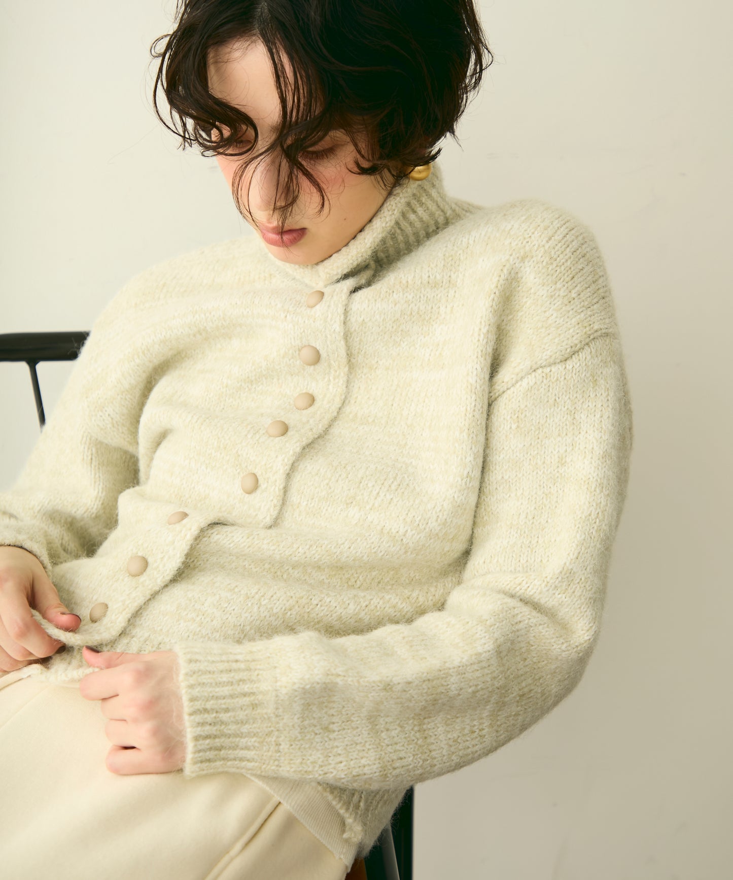 ハイネックメランジ多釦ニットカーディガン