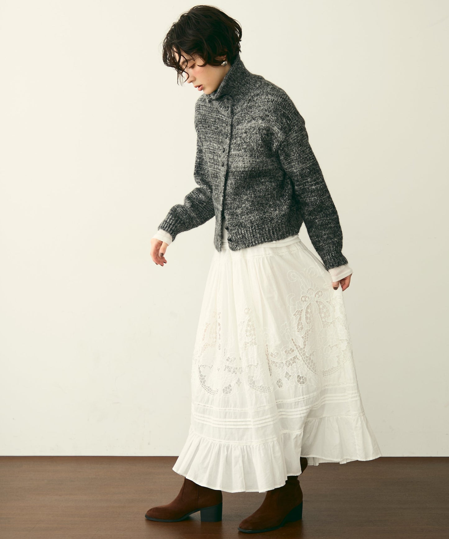 ハイネックメランジ多釦ニットカーディガン