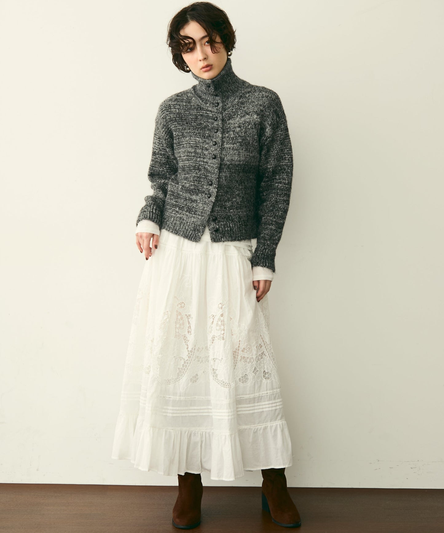 ハイネックメランジ多釦ニットカーディガン