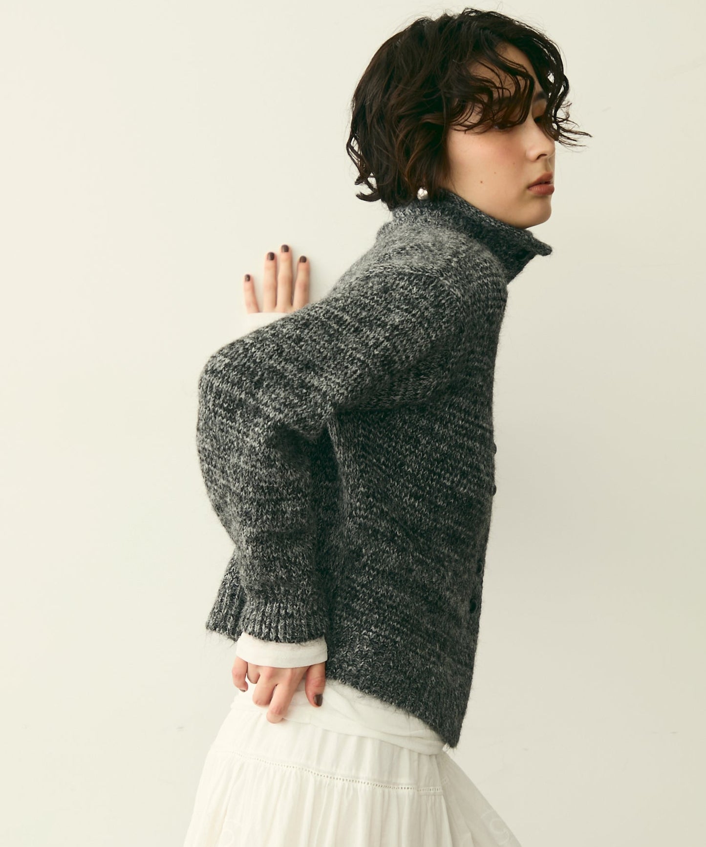 ハイネックメランジ多釦ニットカーディガン