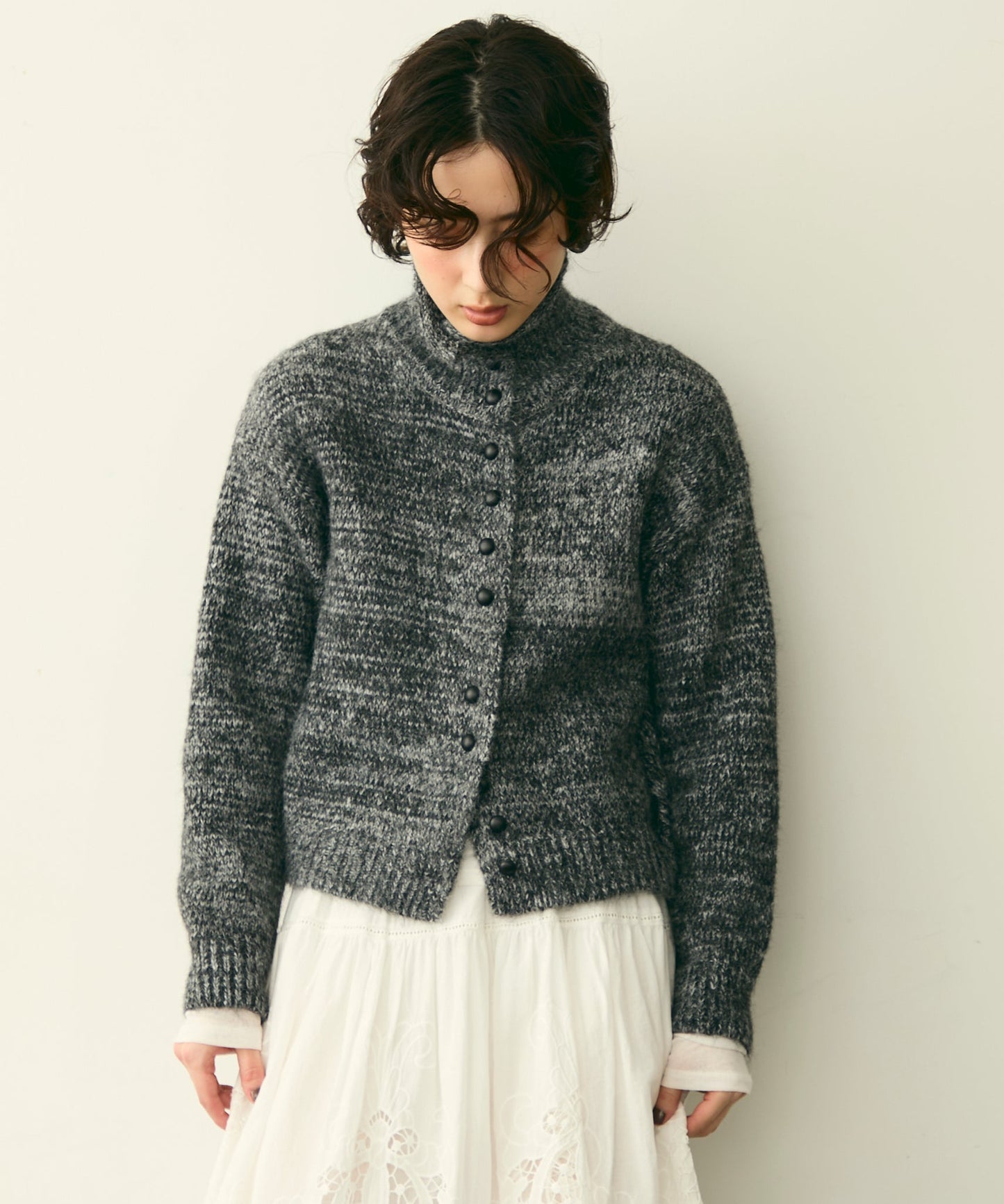 ハイネックメランジ多釦ニットカーディガン