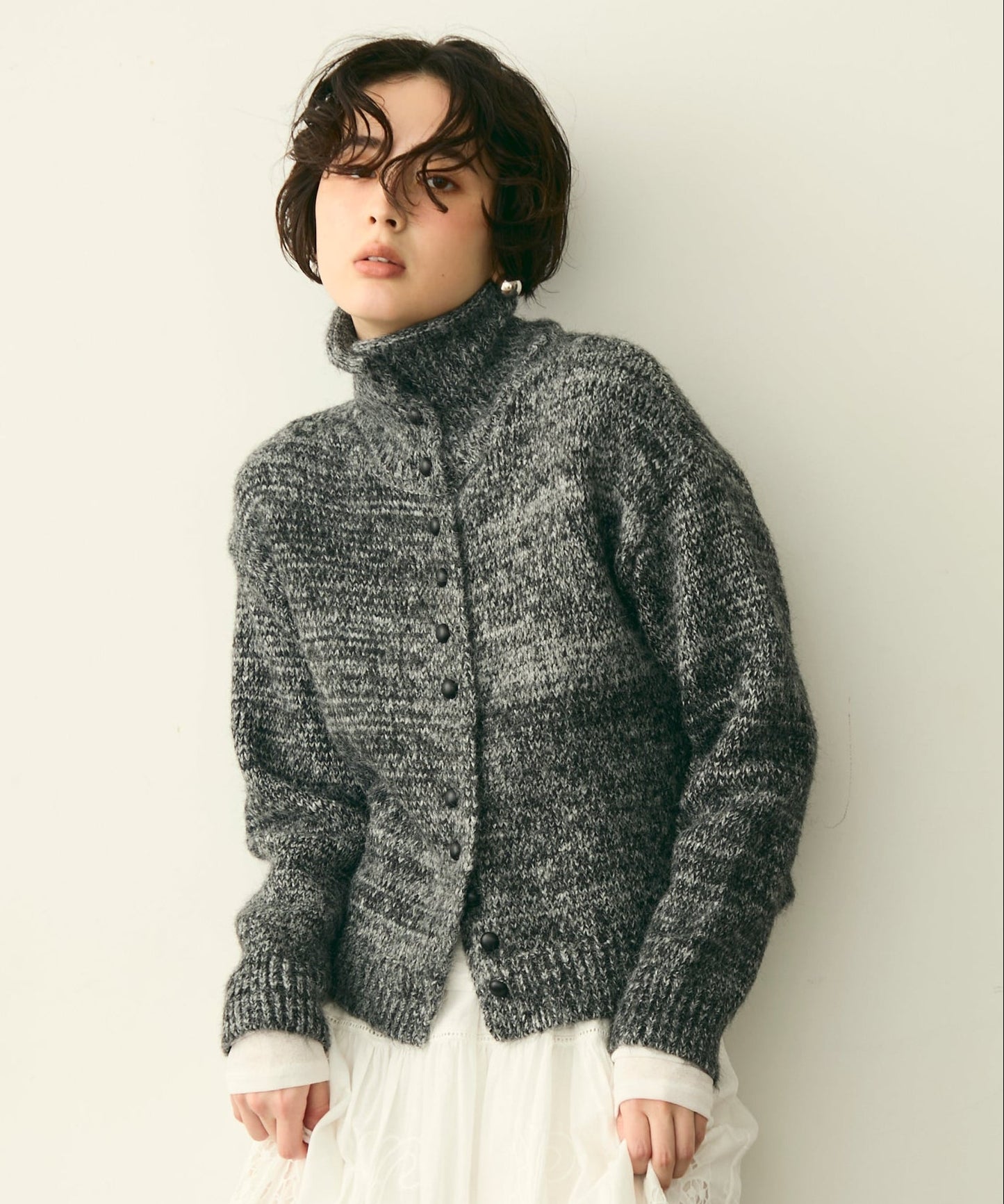 ハイネックメランジ多釦ニットカーディガン