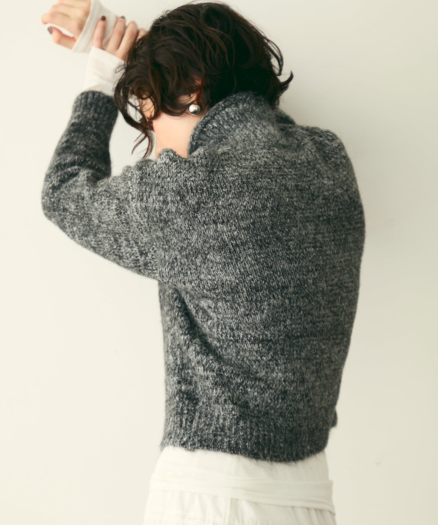 ハイネックメランジ多釦ニットカーディガン