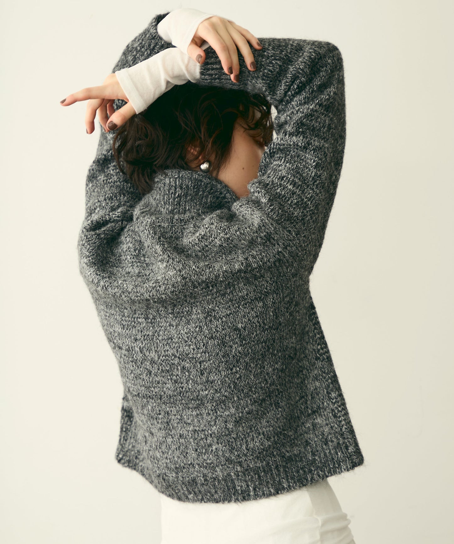 ハイネックメランジ多釦ニットカーディガン