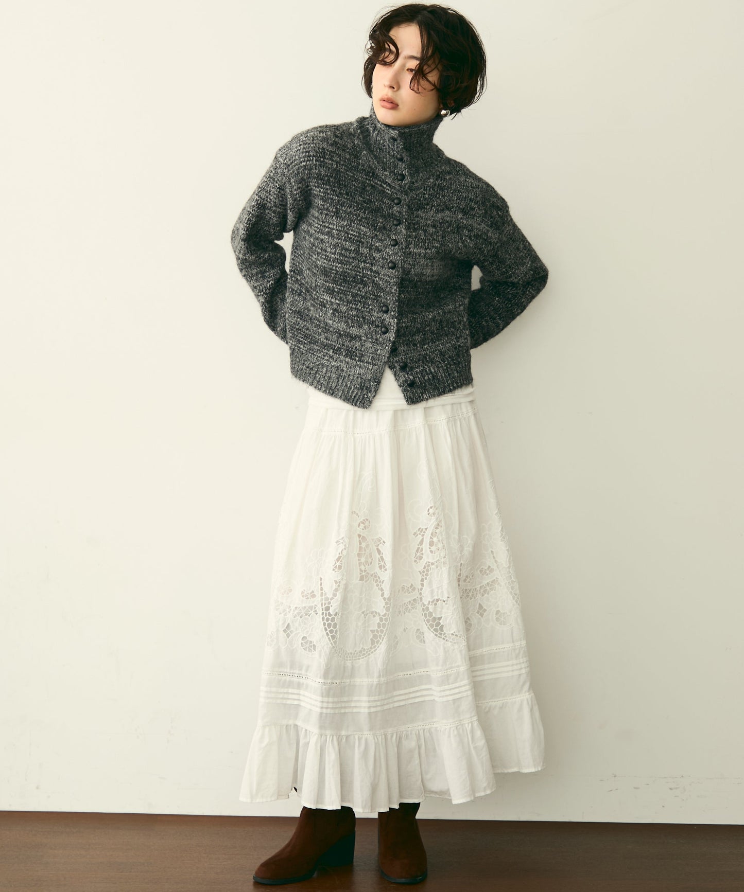 ハイネックメランジ多釦ニットカーディガン