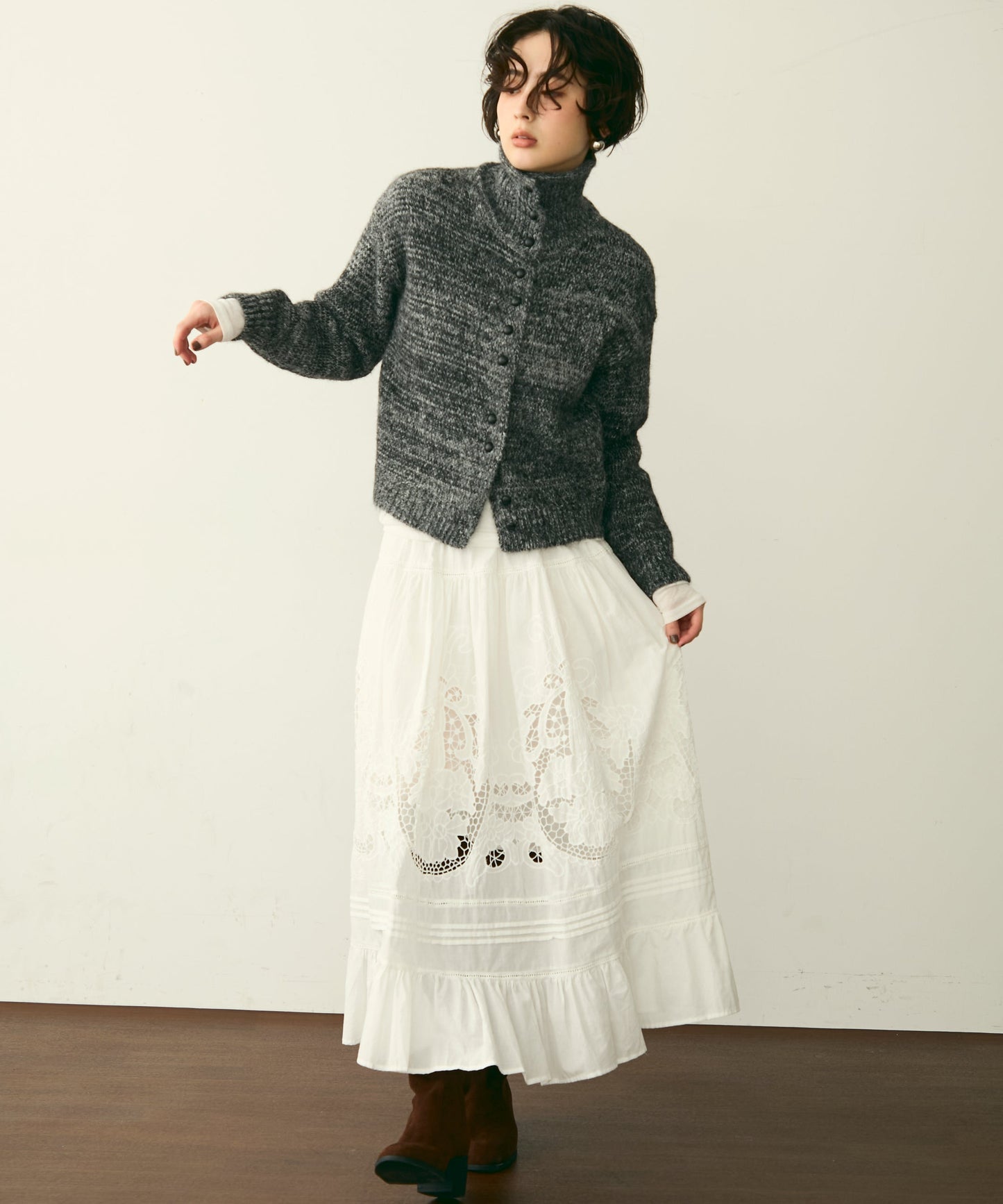 ハイネックメランジ多釦ニットカーディガン