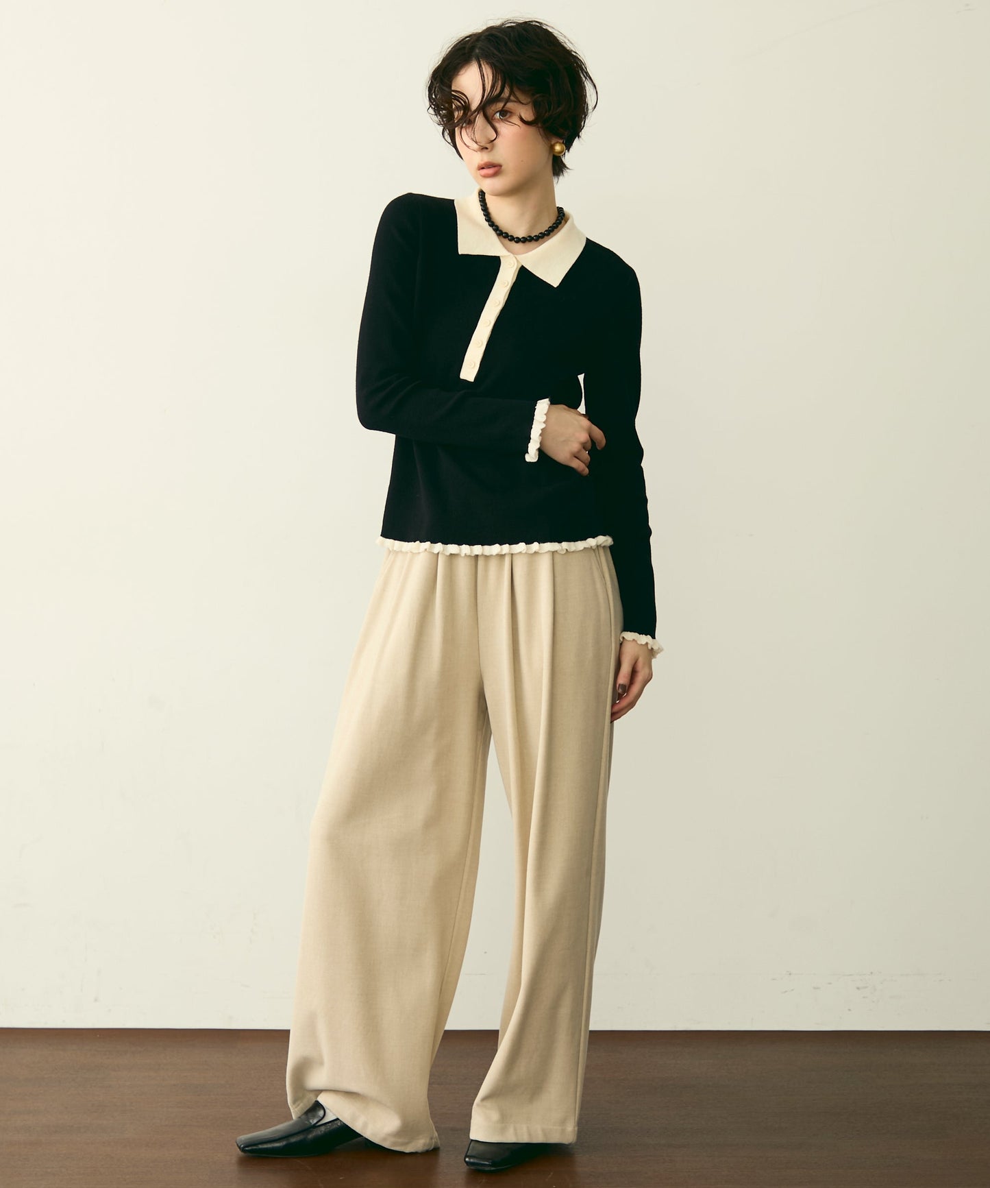 バイカラーポロ襟フリルヘムニットプルオーバー