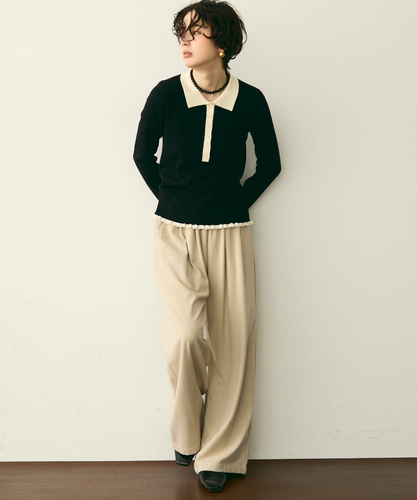 バイカラーポロ襟フリルヘムニットプルオーバー