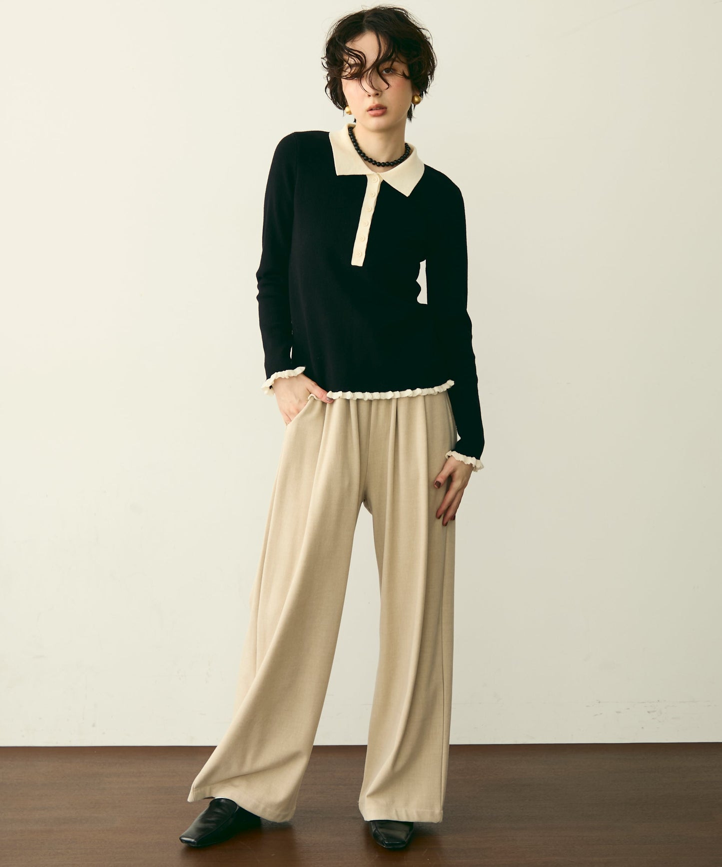 バイカラーポロ襟フリルヘムニットプルオーバー