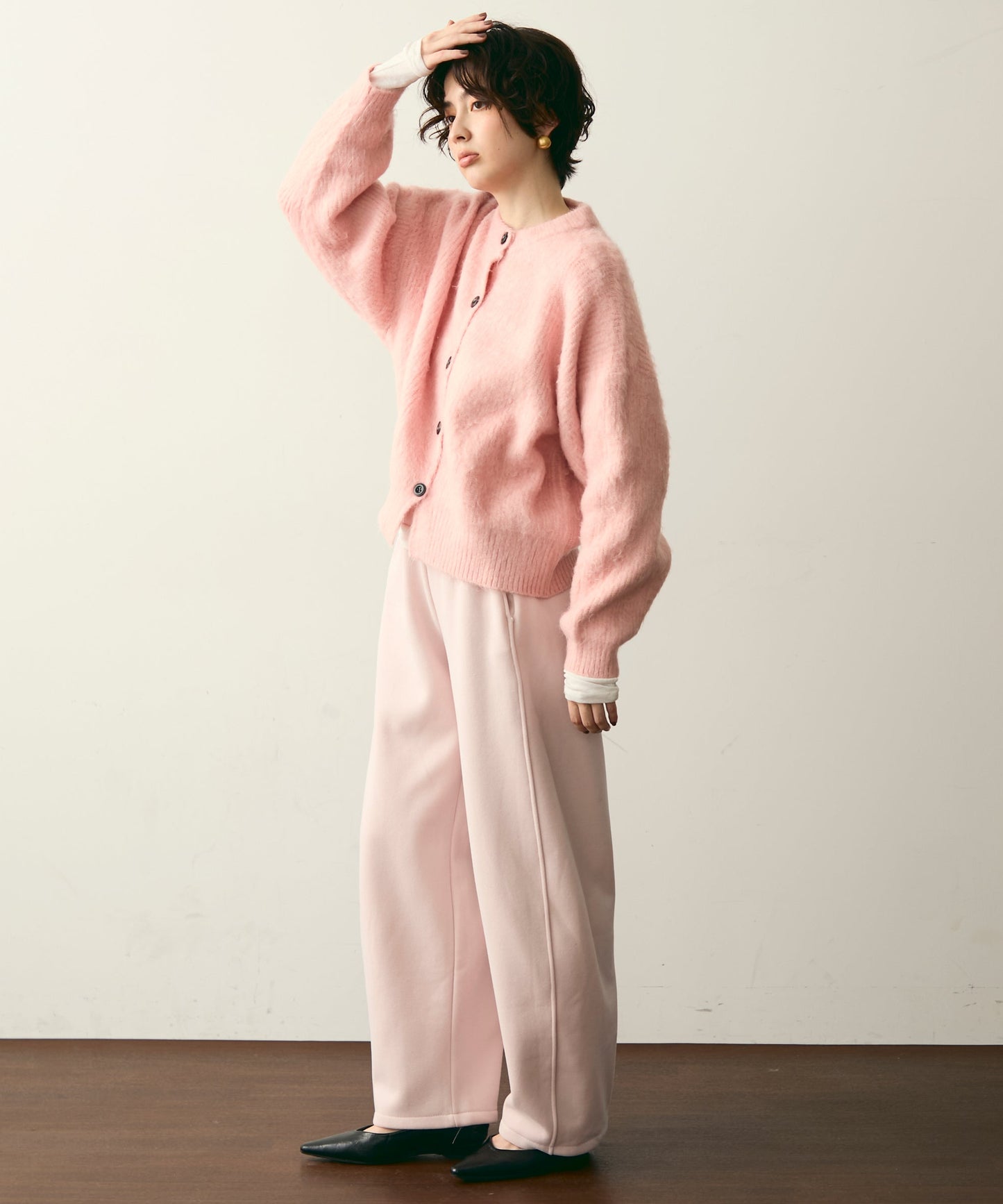 シャギー配色釦ラウンドネックニットカーディガン