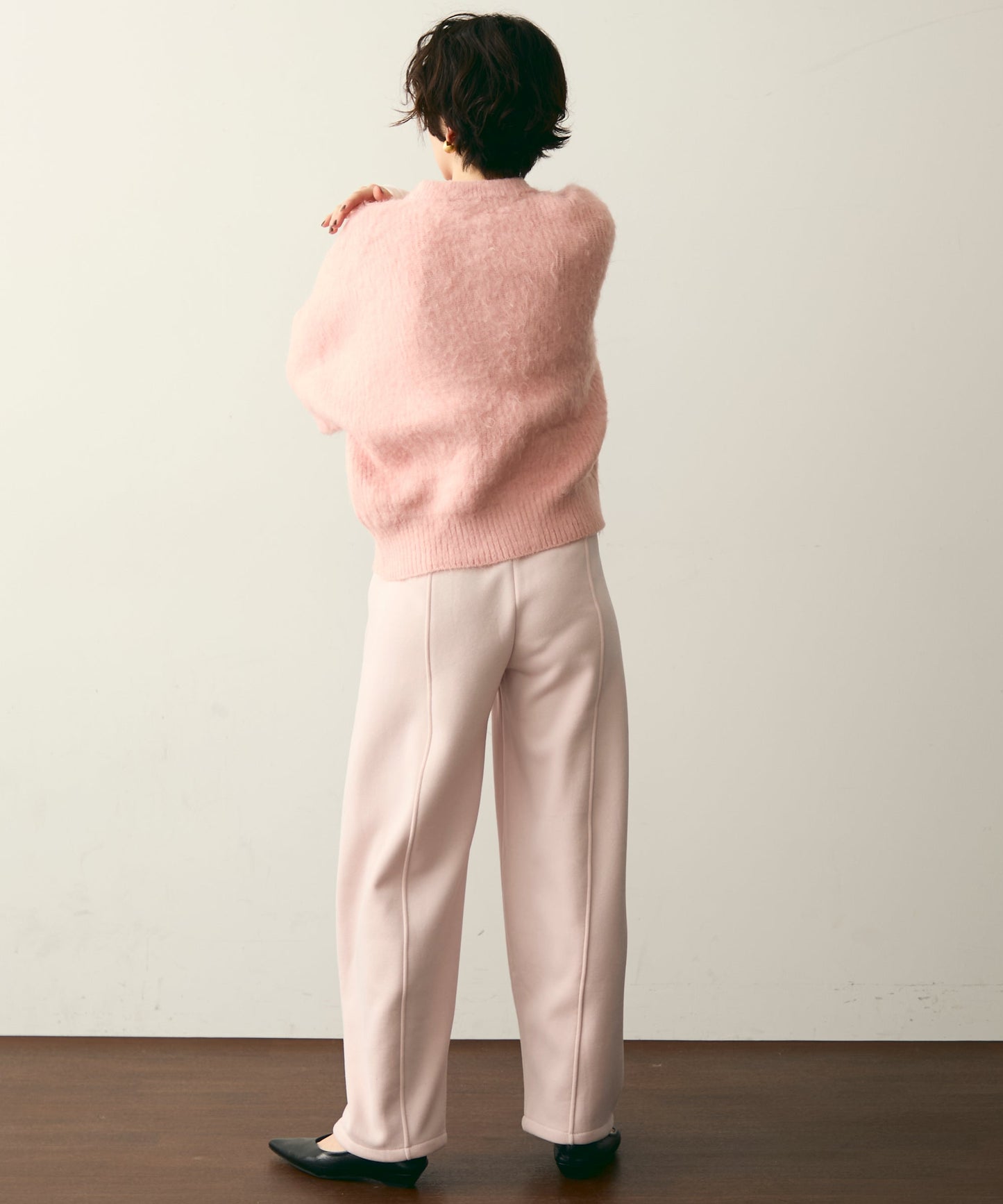 シャギー配色釦ラウンドネックニットカーディガン