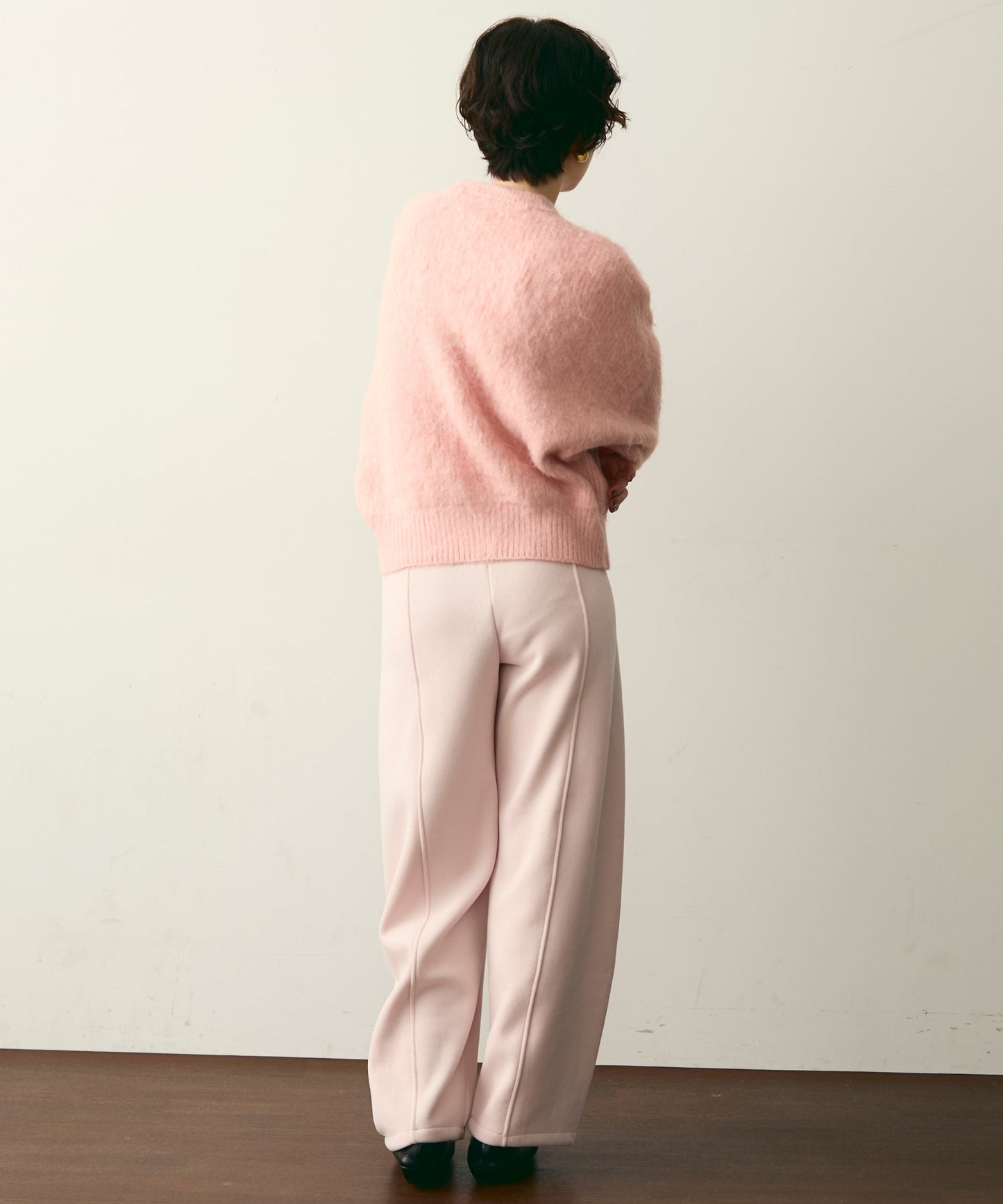 シャギー配色釦ラウンドネックニットカーディガン