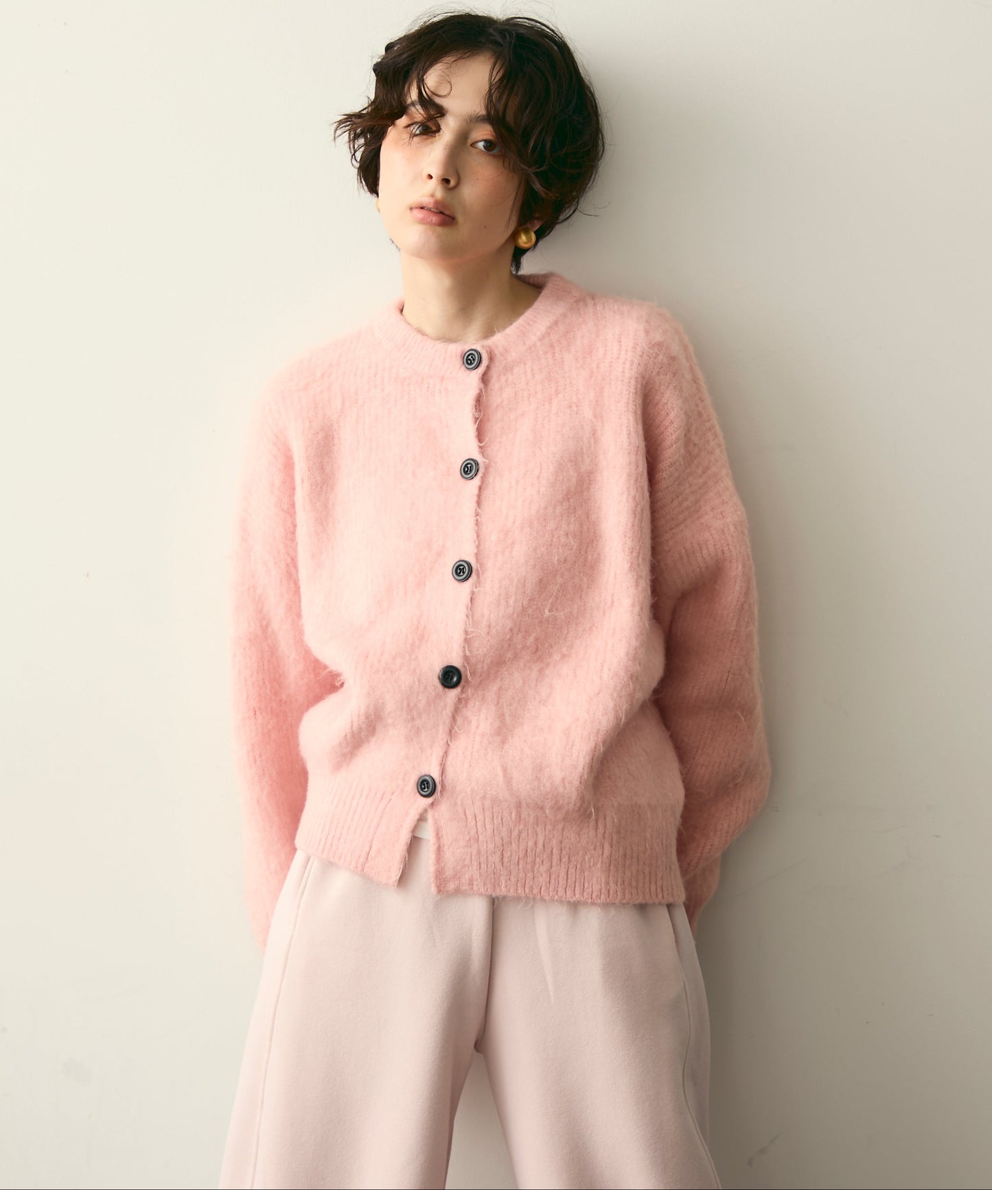 シャギー配色釦ラウンドネックニットカーディガン