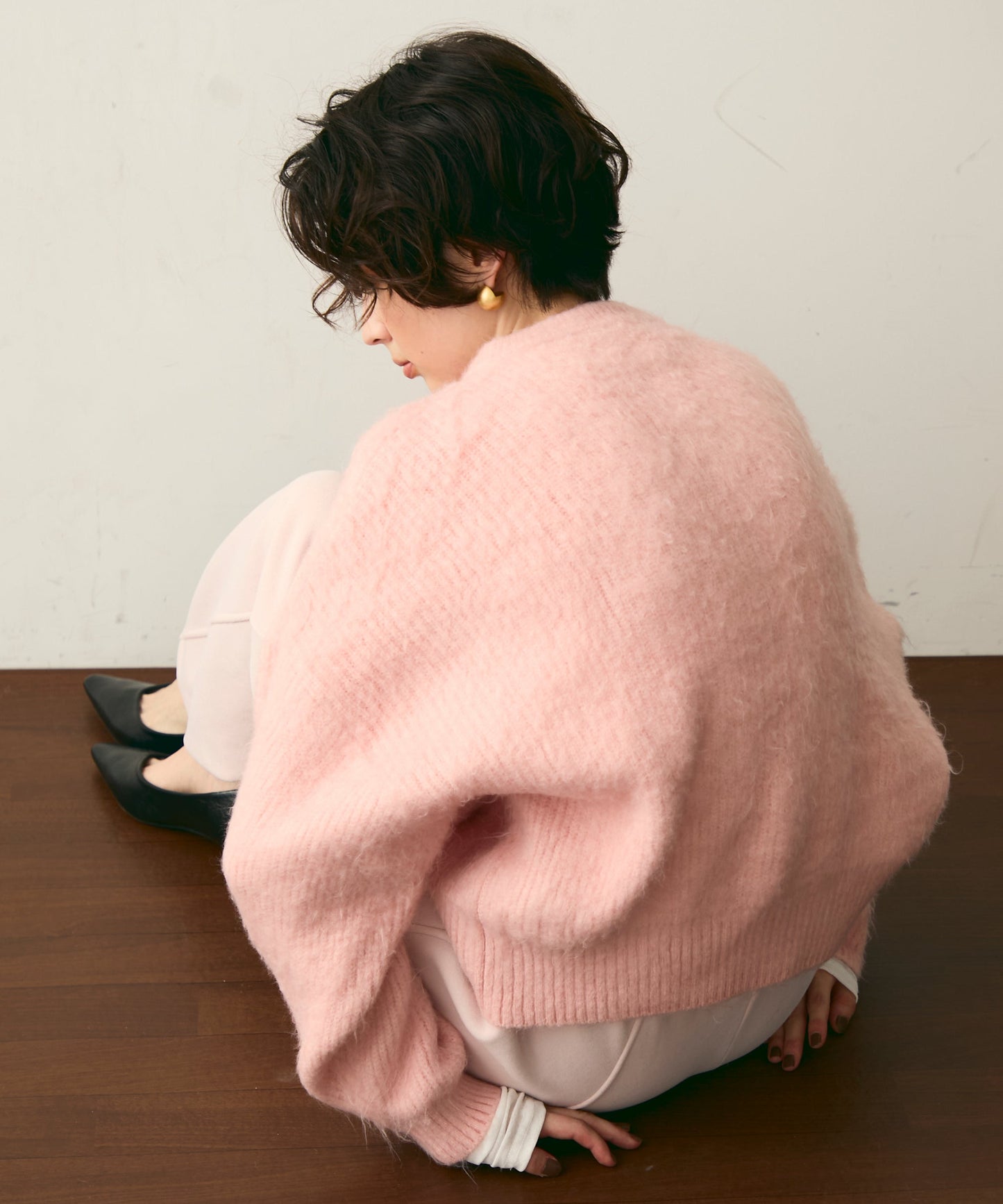 シャギー配色釦ラウンドネックニットカーディガン