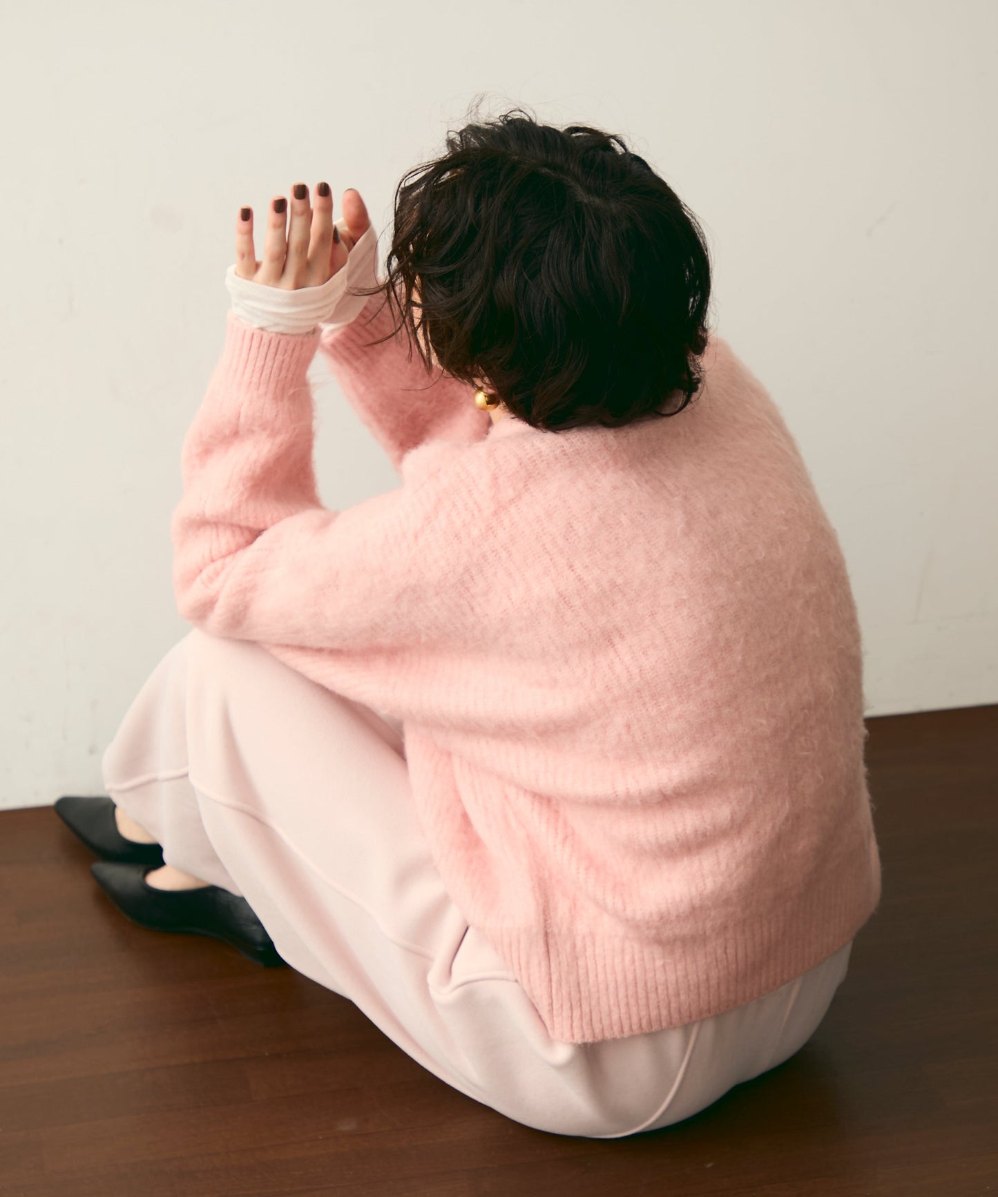 シャギー配色釦ラウンドネックニットカーディガン