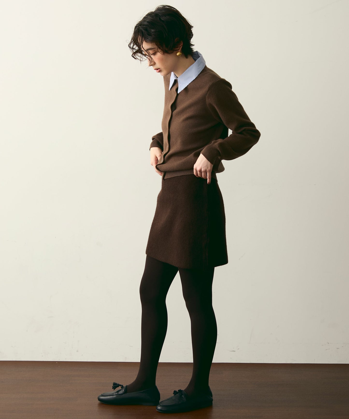 【衿取り外し可能】ストライプ衿ニットカーディガン