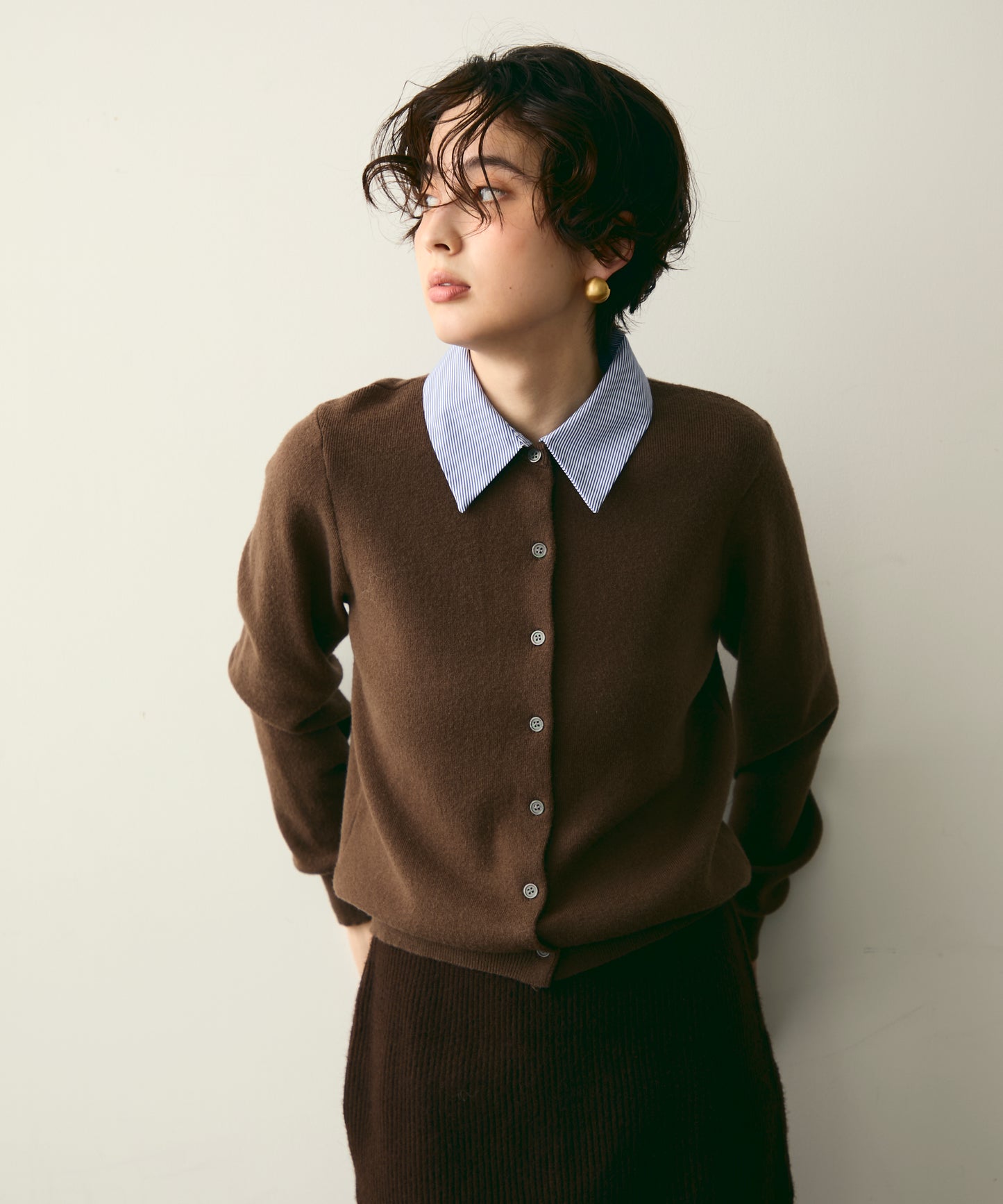 【衿取り外し可能】ストライプ衿ニットカーディガン