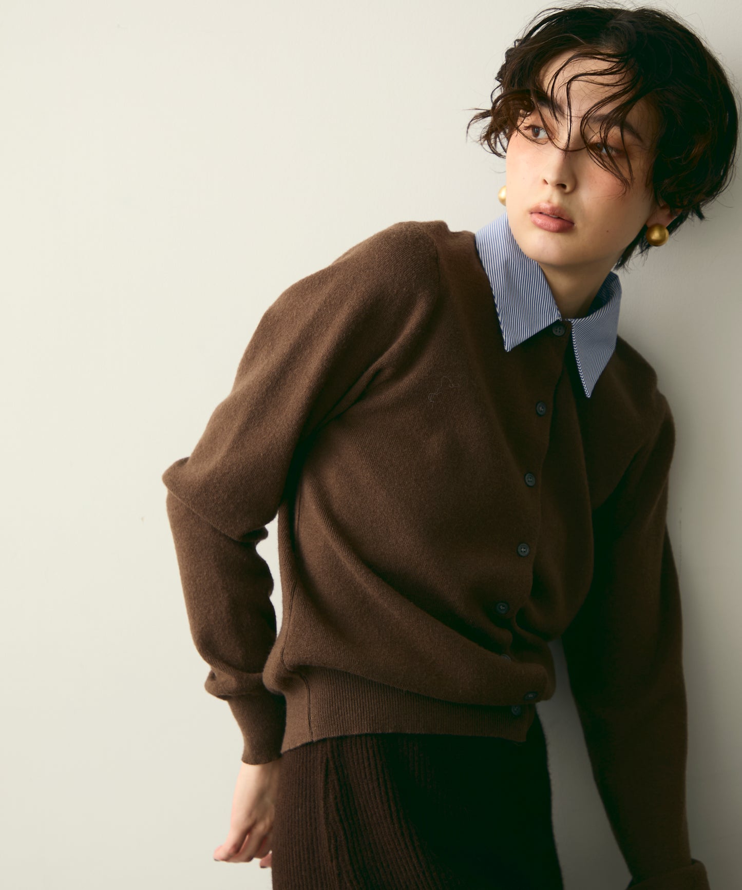 【衿取り外し可能】ストライプ衿ニットカーディガン