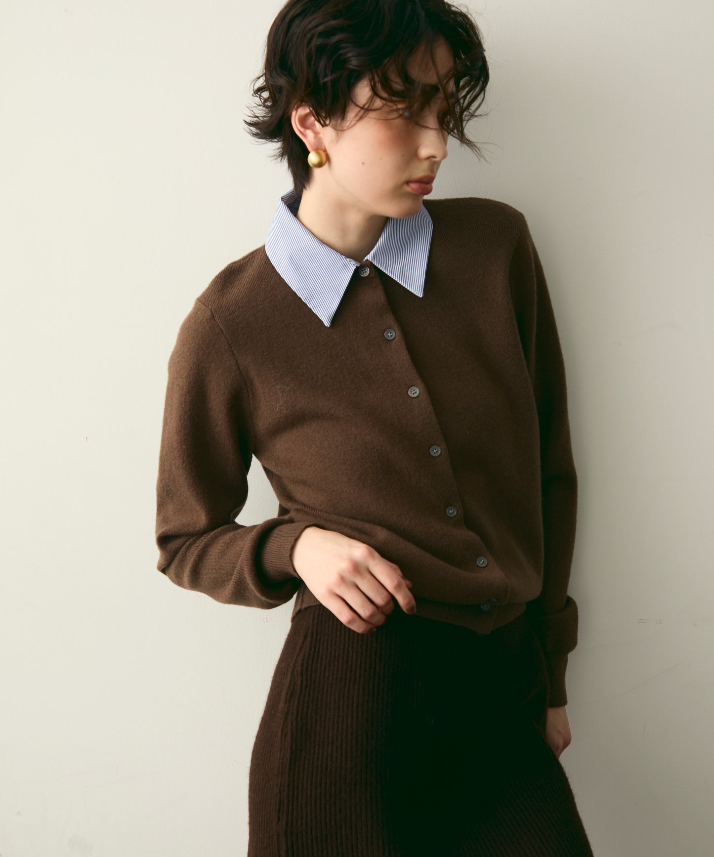 【衿取り外し可能】ストライプ衿ニットカーディガン