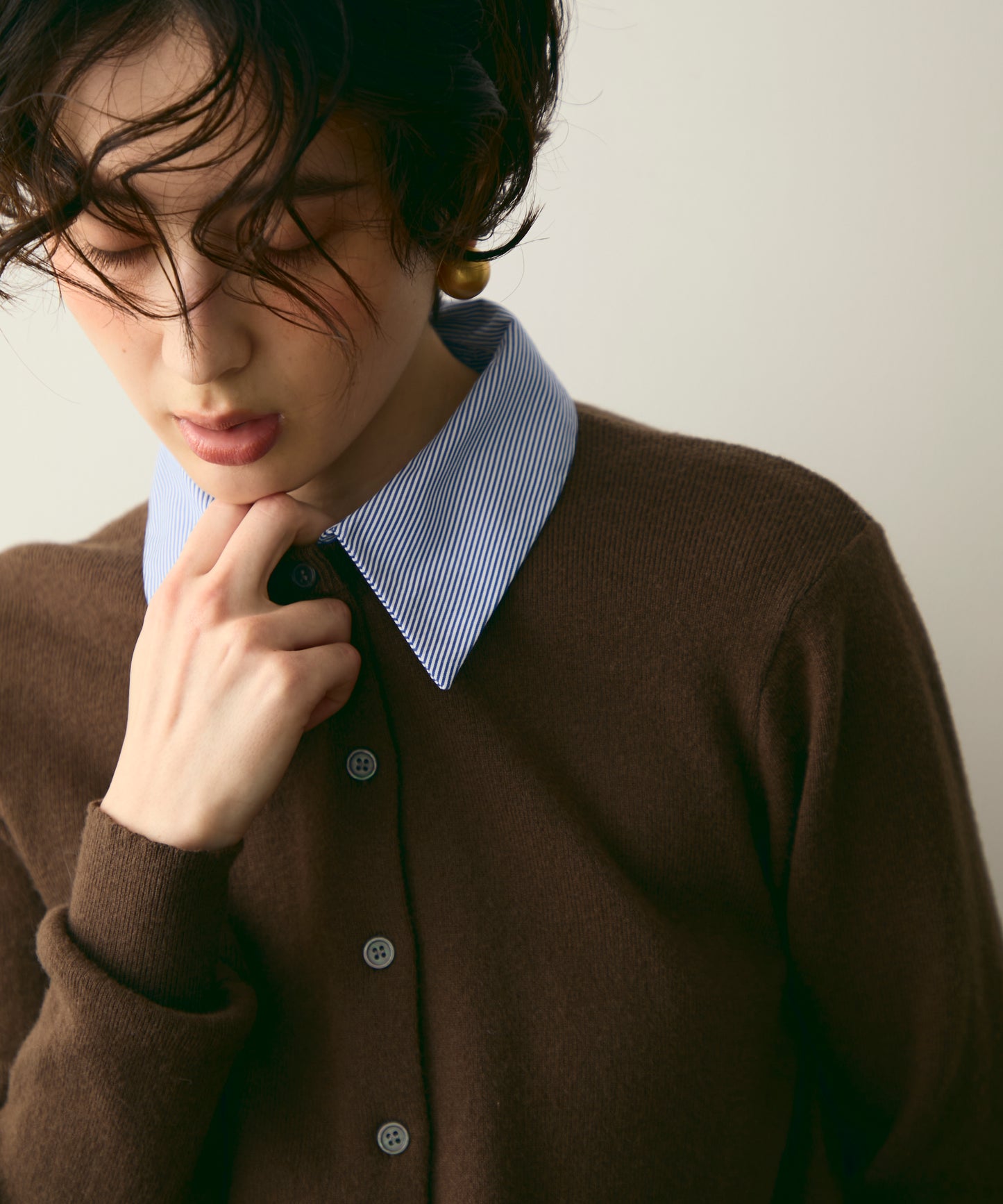 【衿取り外し可能】ストライプ衿ニットカーディガン