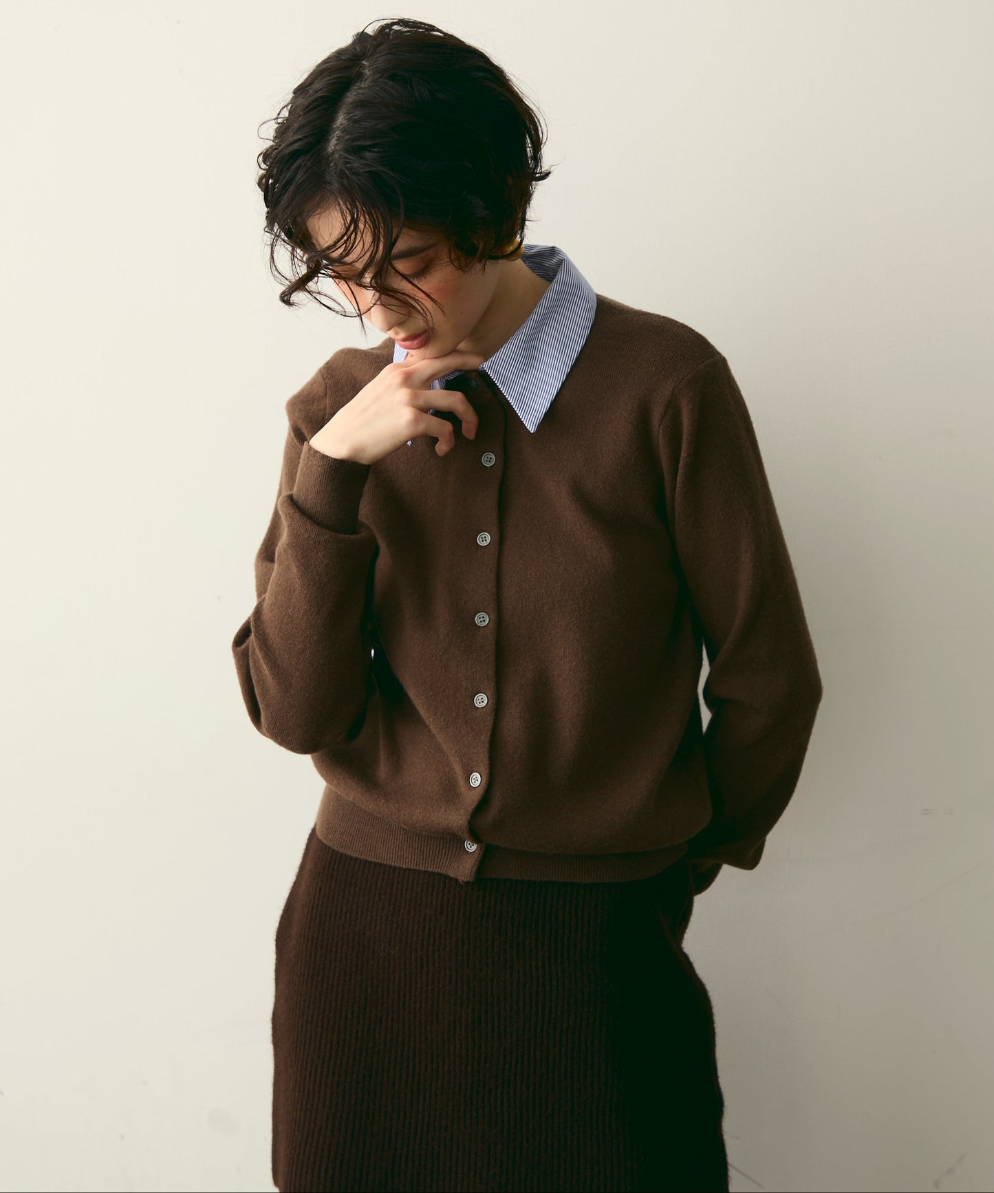 【衿取り外し可能】ストライプ衿ニットカーディガン