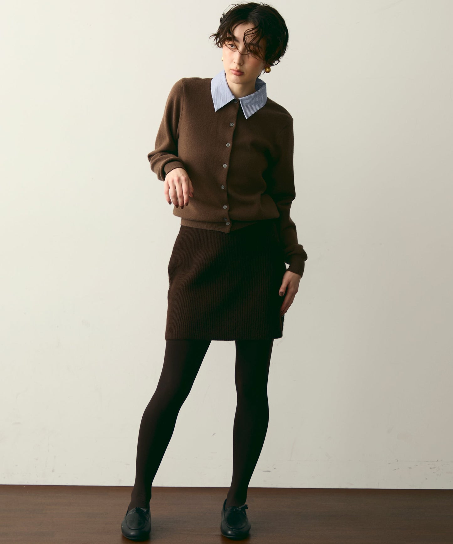 【衿取り外し可能】ストライプ衿ニットカーディガン